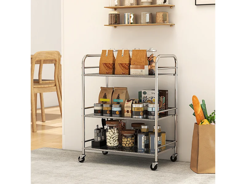 Carrello da cucina a 3 livelli con ripiano centrale regolabile e bordi rialzati