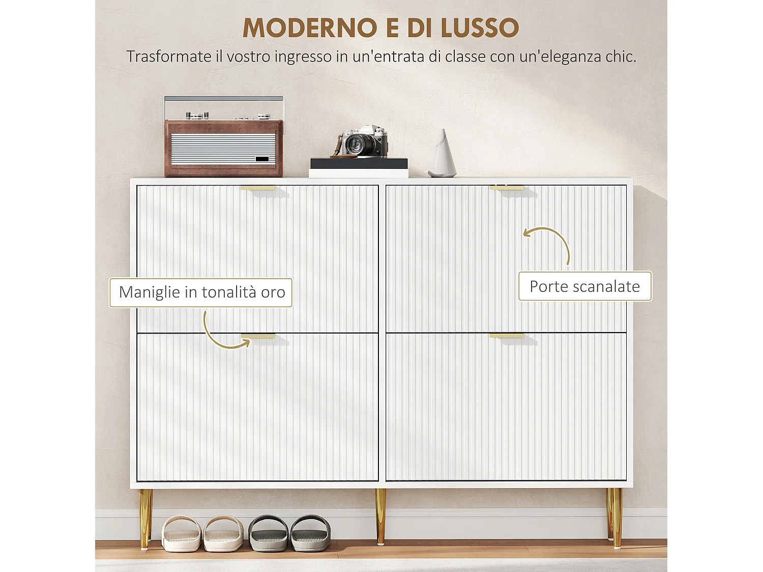 Scarpiera per 20 paia di scarpe con 4 cassetti a ribalta bianco