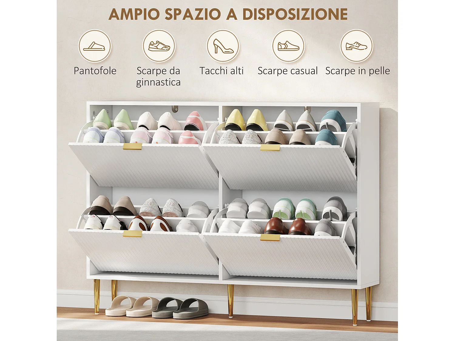 Scarpiera per 20 paia di scarpe con 4 cassetti a ribalta bianco