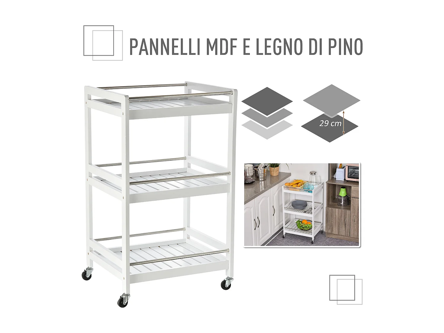 Carrello da cucina salvaspazio in legno e acciaio inox bianco