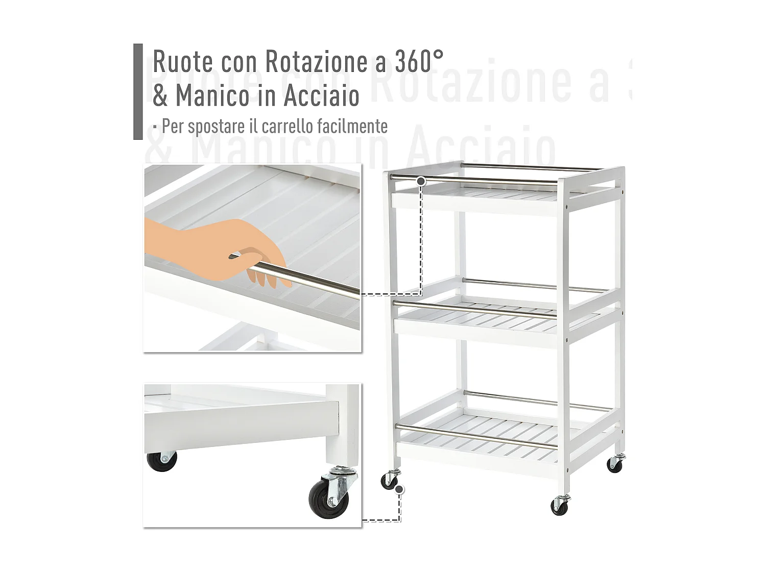 Carrello da cucina salvaspazio in legno e acciaio inox bianco