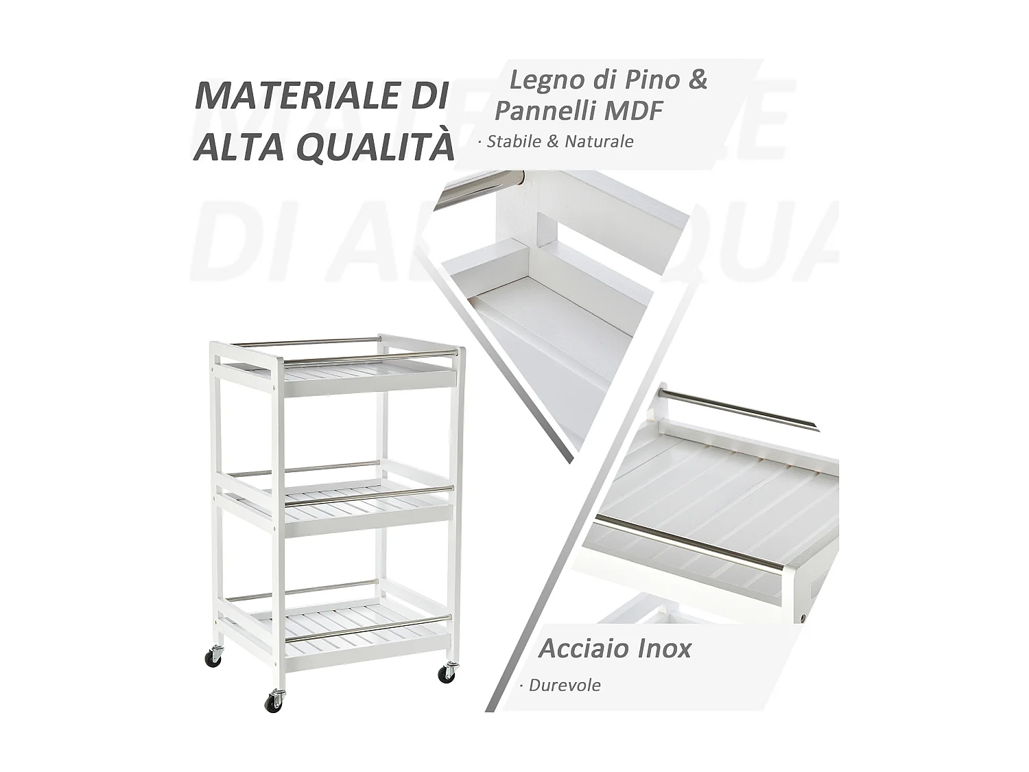 Carrello da cucina salvaspazio in legno e acciaio inox bianco