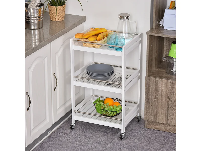 Carrello da cucina salvaspazio in legno e acciaio inox bianco