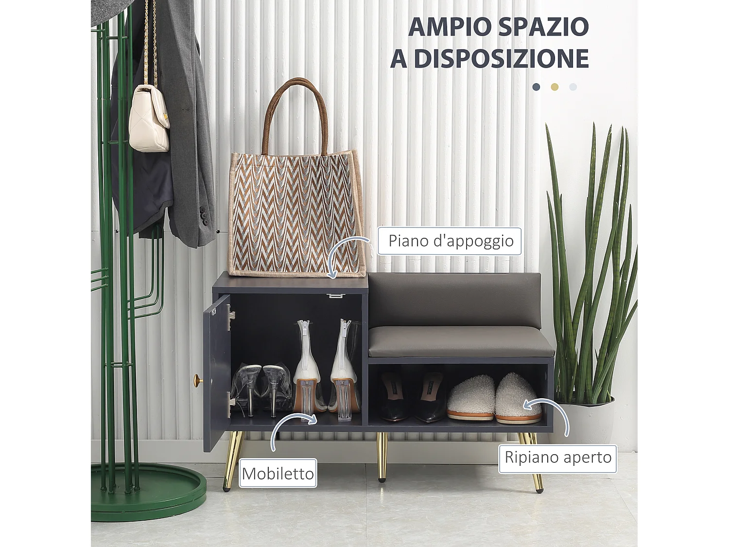 Scarpiera con seduta imbottita e armadietto per 4 paia scarpe