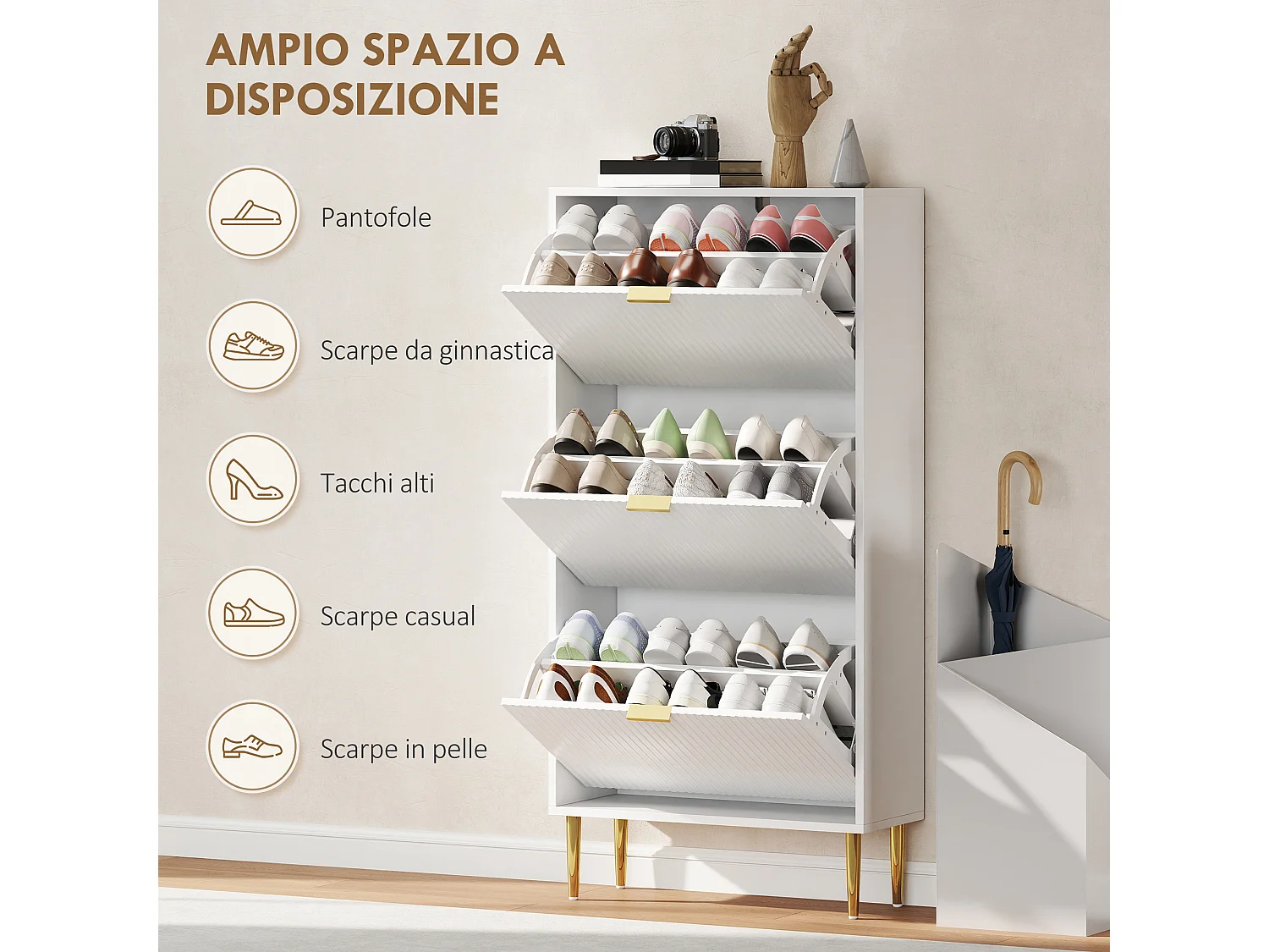 Scarpiera per 18 paia di scarpe con 3 cassetti a ribalta bianco