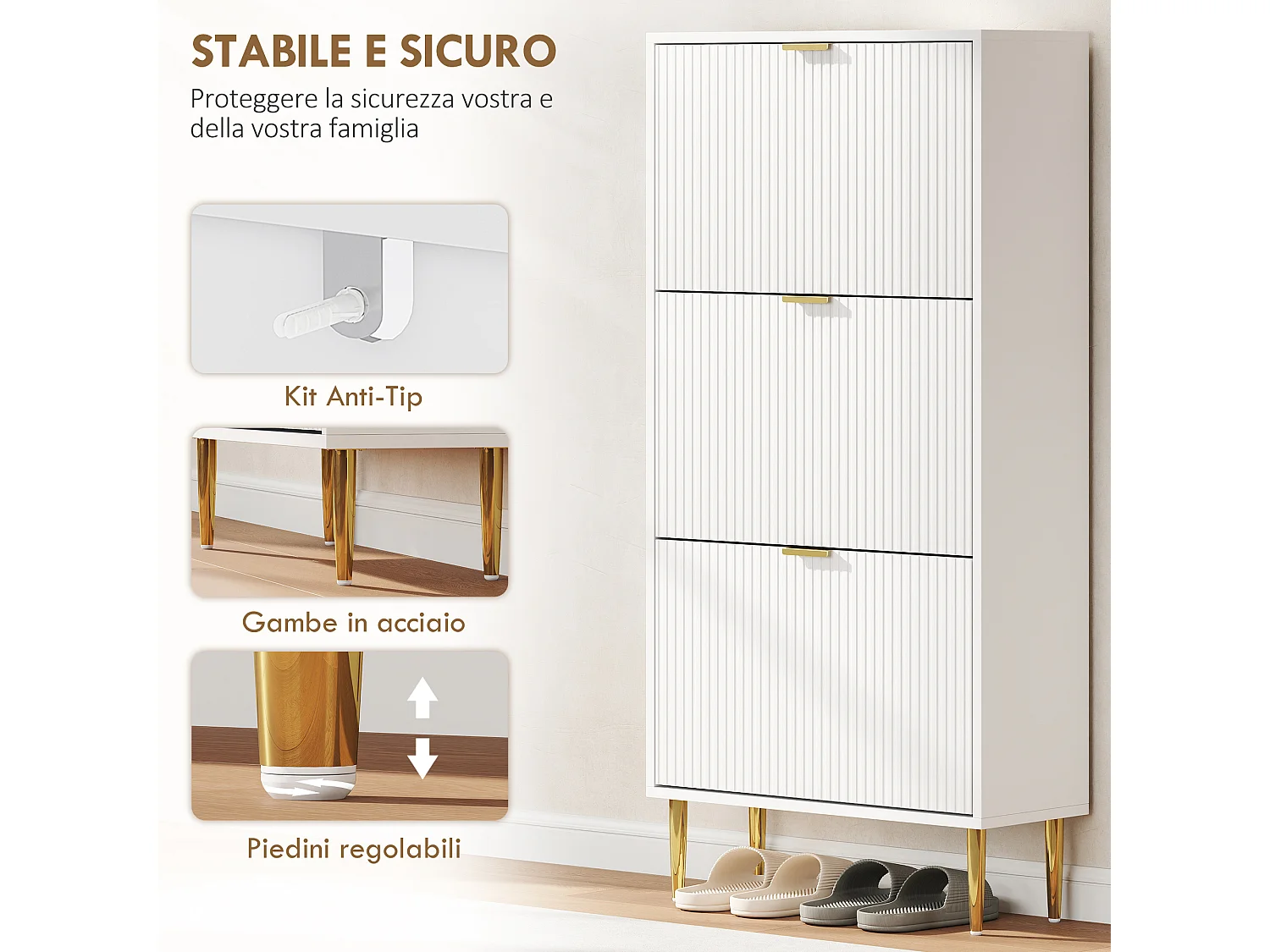 Scarpiera per 18 paia di scarpe con 3 cassetti a ribalta bianco