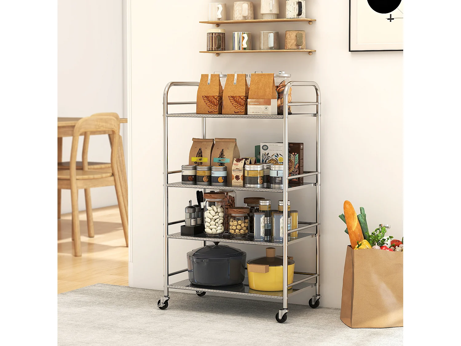 Carrello da cucina a 4 livelli con 2 ripiani regolabili e bordi rialzati