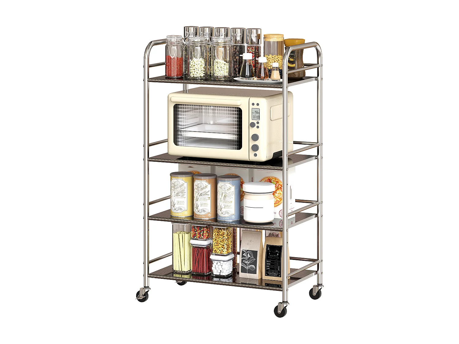 Carrello da cucina a 4 livelli con 2 ripiani regolabili e bordi rialzati