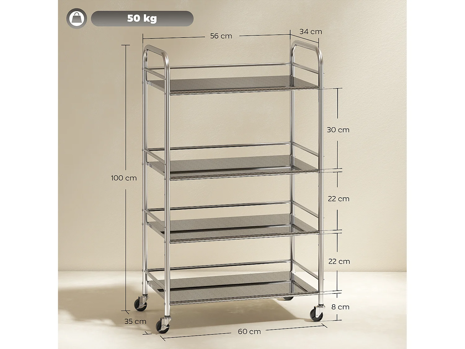 Carrello da cucina a 4 livelli con 2 ripiani regolabili e bordi rialzati