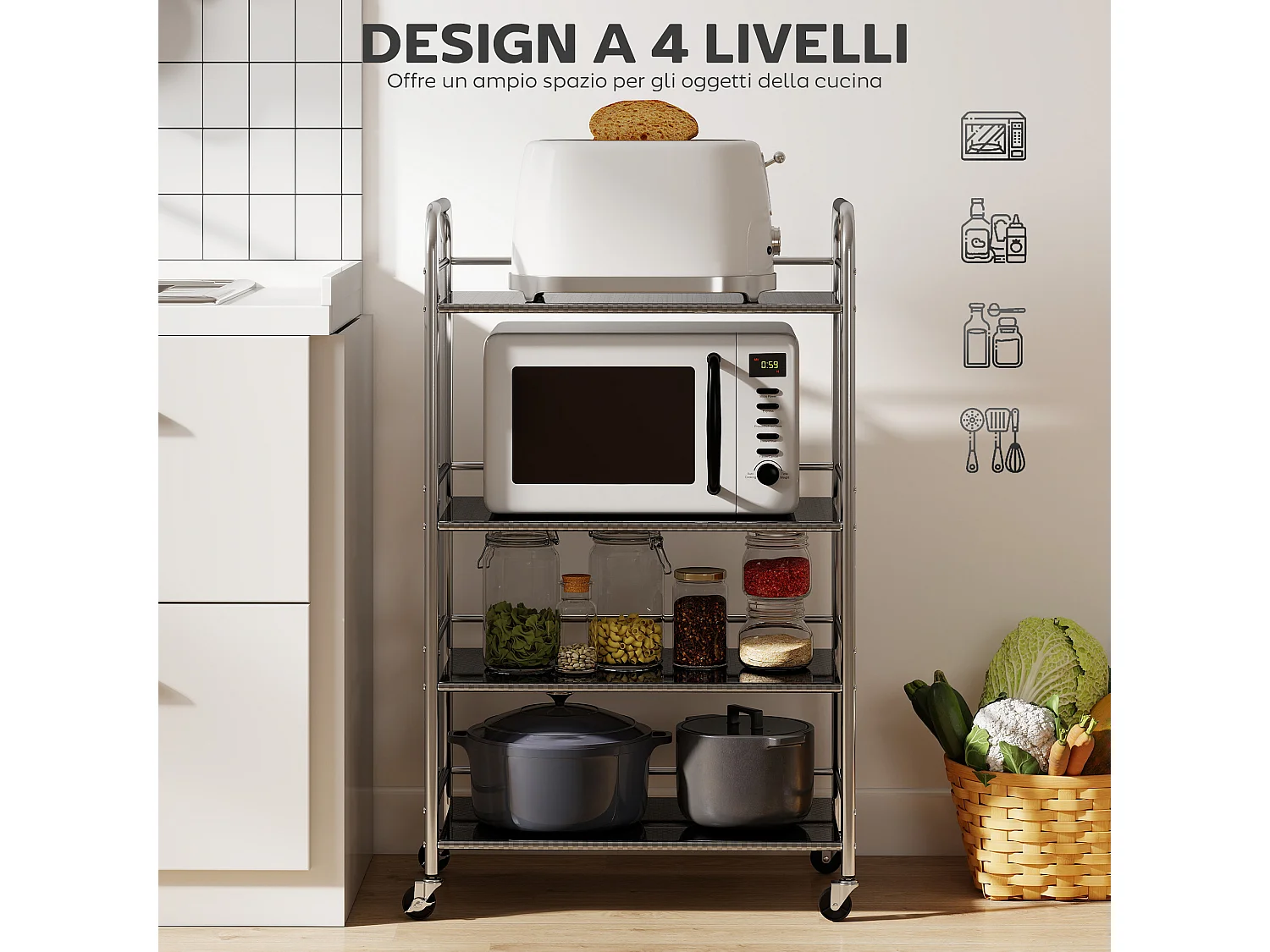 Carrello da cucina a 4 livelli con 2 ripiani regolabili e bordi rialzati