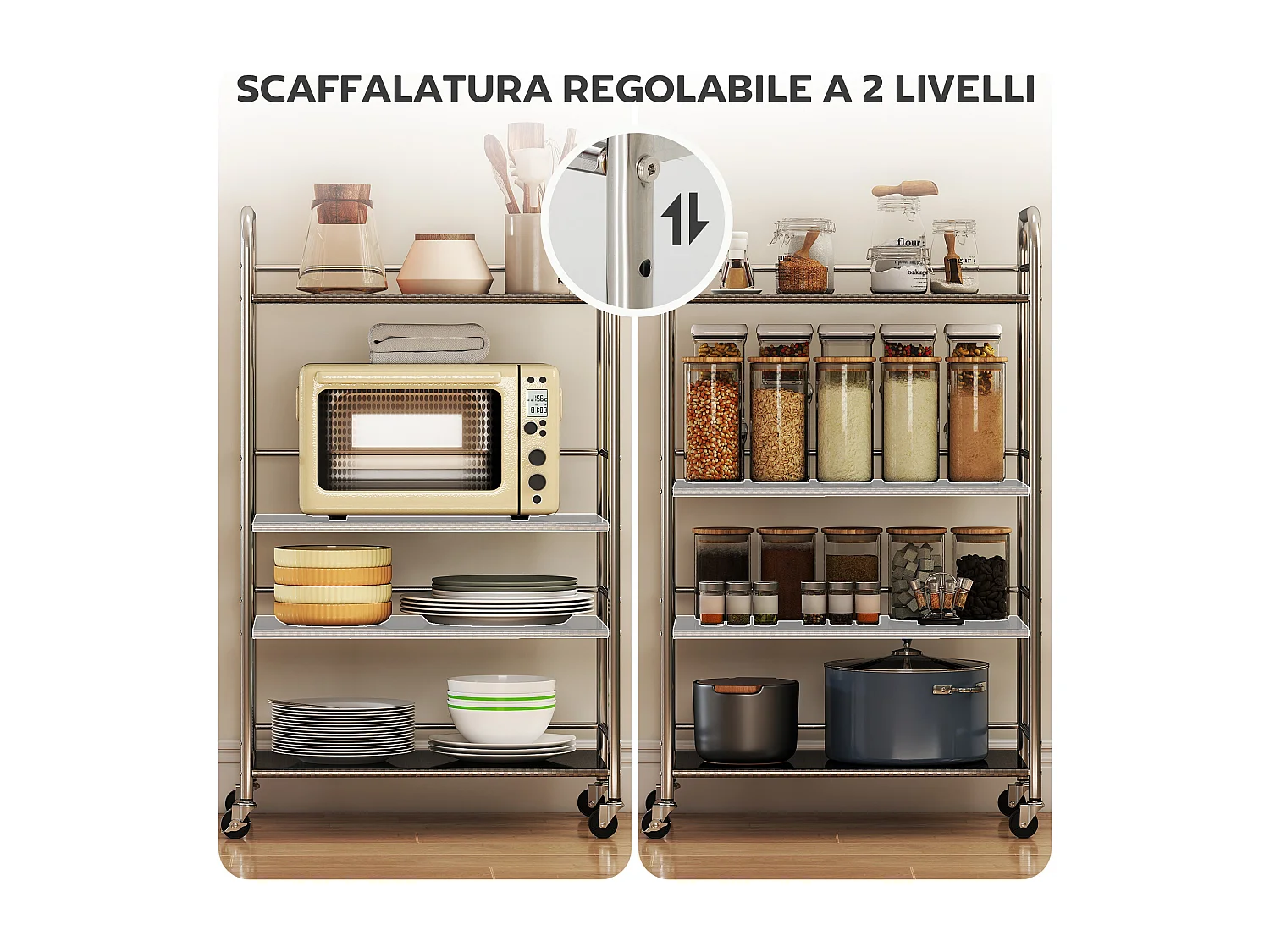 Carrello da cucina a 4 livelli con 2 ripiani regolabili e bordi rialzati