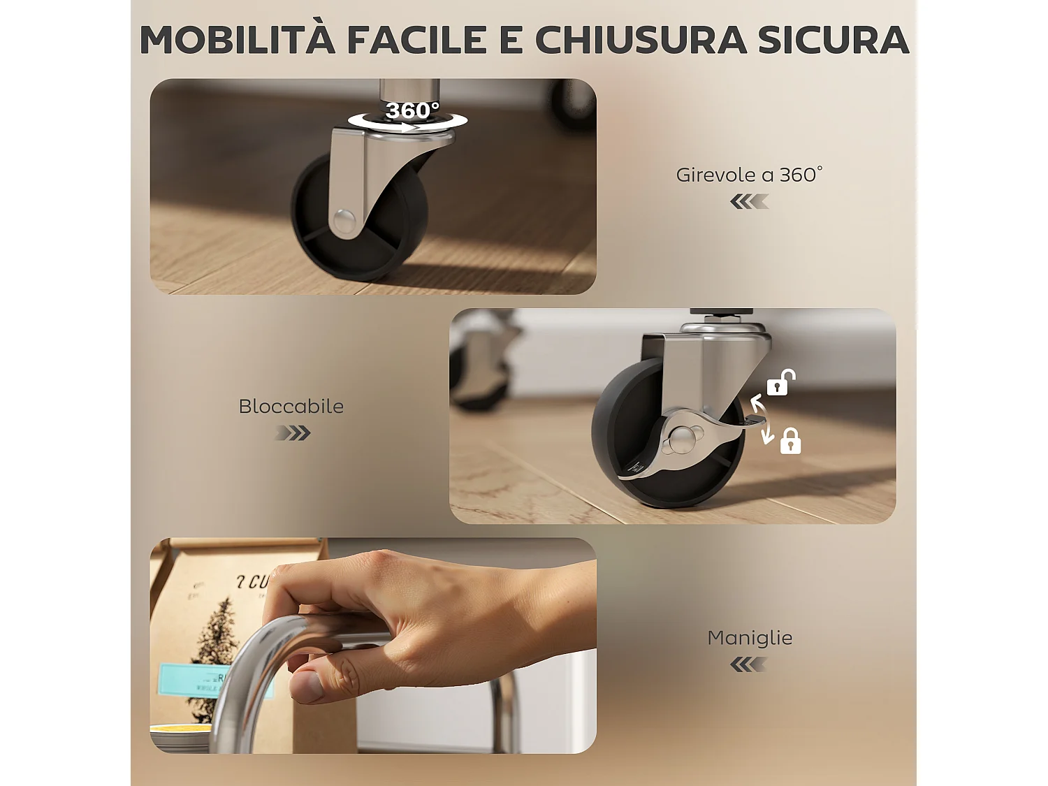 Carrello da cucina a 4 livelli con 2 ripiani regolabili e bordi rialzati