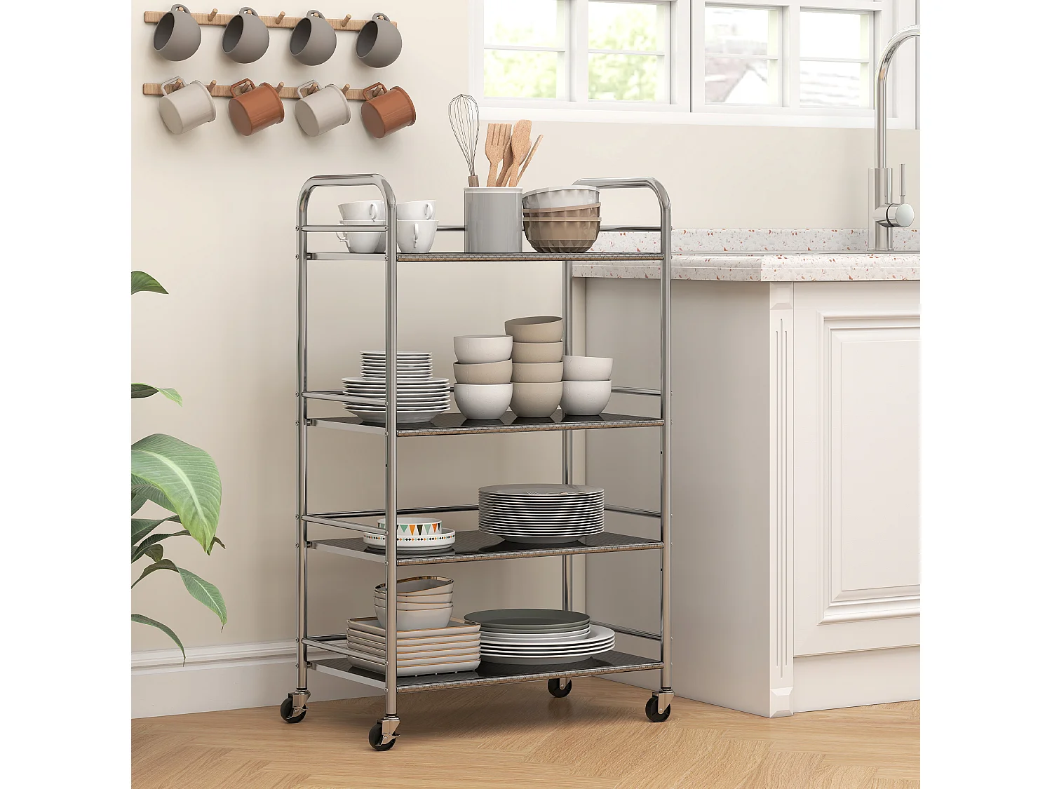 Carrello da cucina a 4 livelli con 2 ripiani regolabili e bordi rialzati