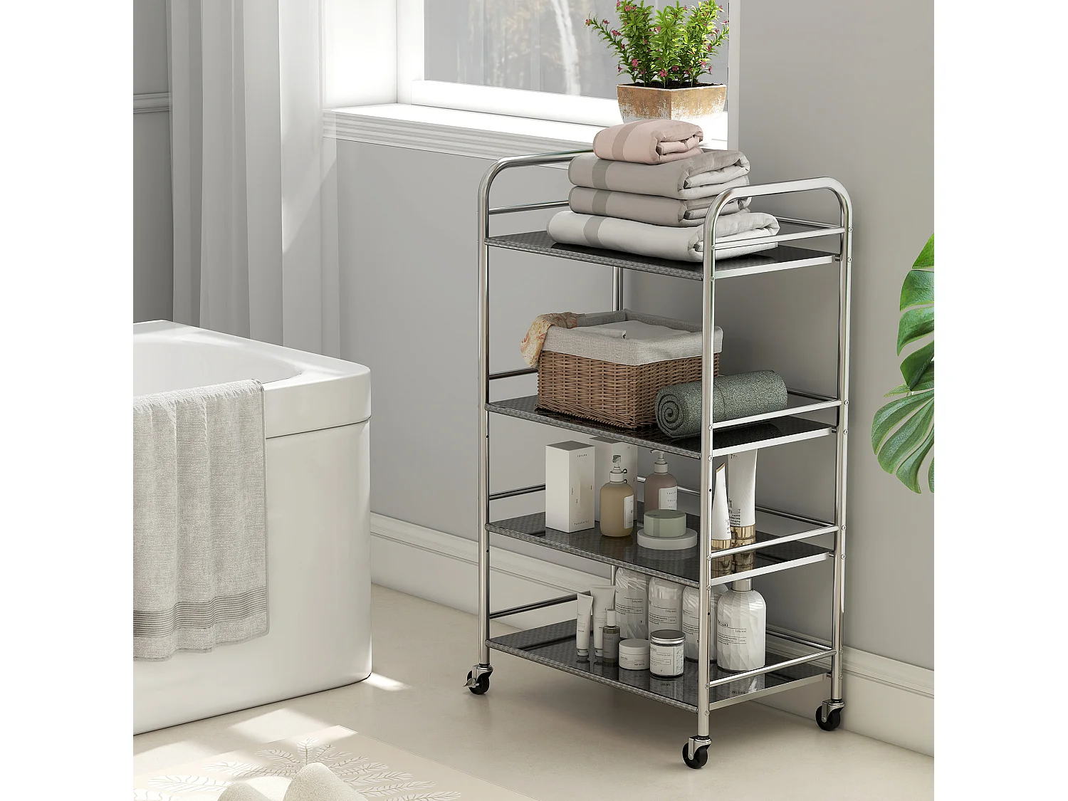 Carrello da cucina a 4 livelli con 2 ripiani regolabili e bordi rialzati