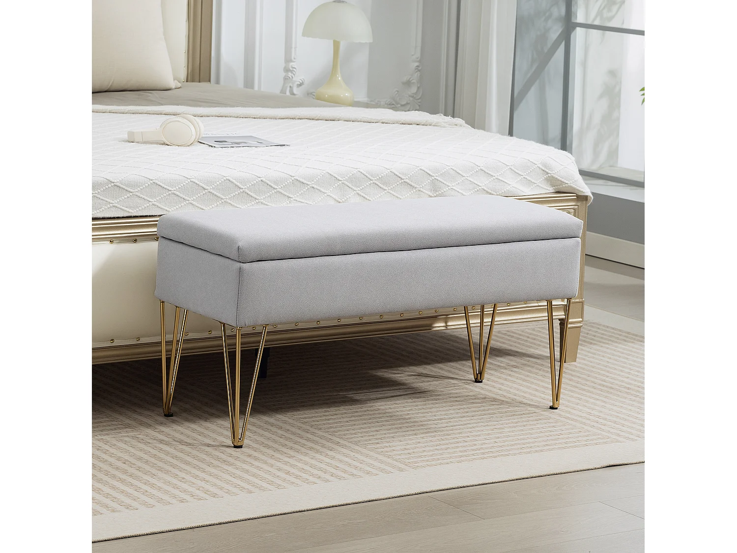 Panca fondo letto con contenitore in tessuto e acciaio grigio chiaro