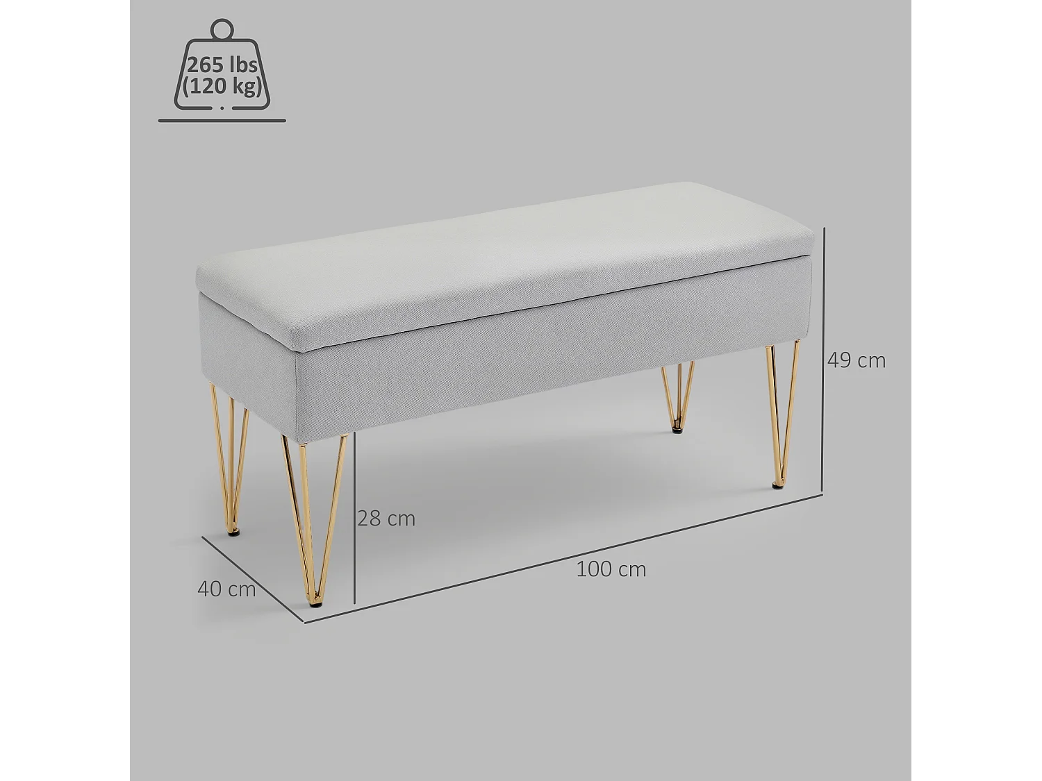 Panca fondo letto con contenitore in tessuto e acciaio grigio chiaro