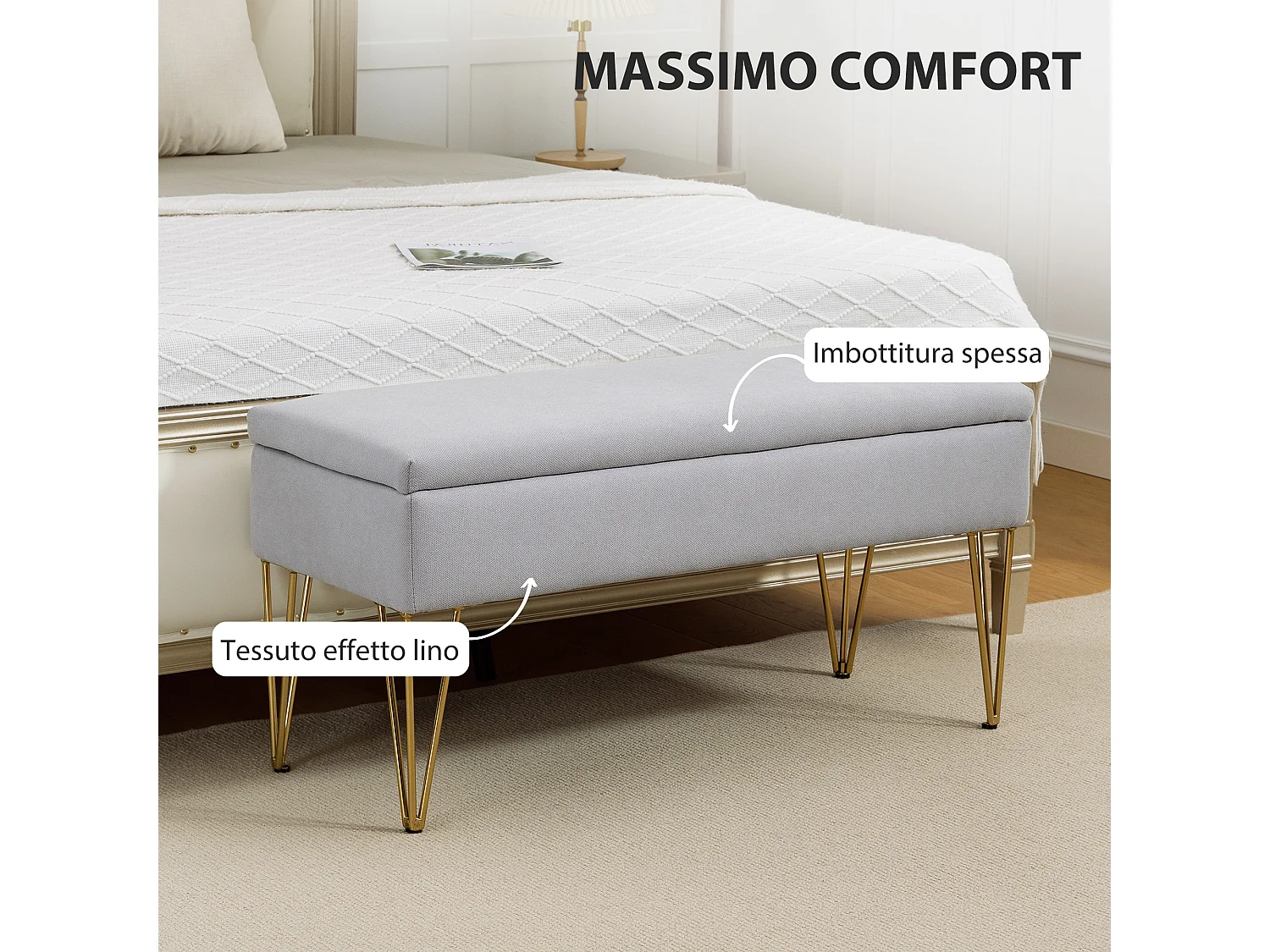 Panca fondo letto con contenitore in tessuto e acciaio grigio chiaro