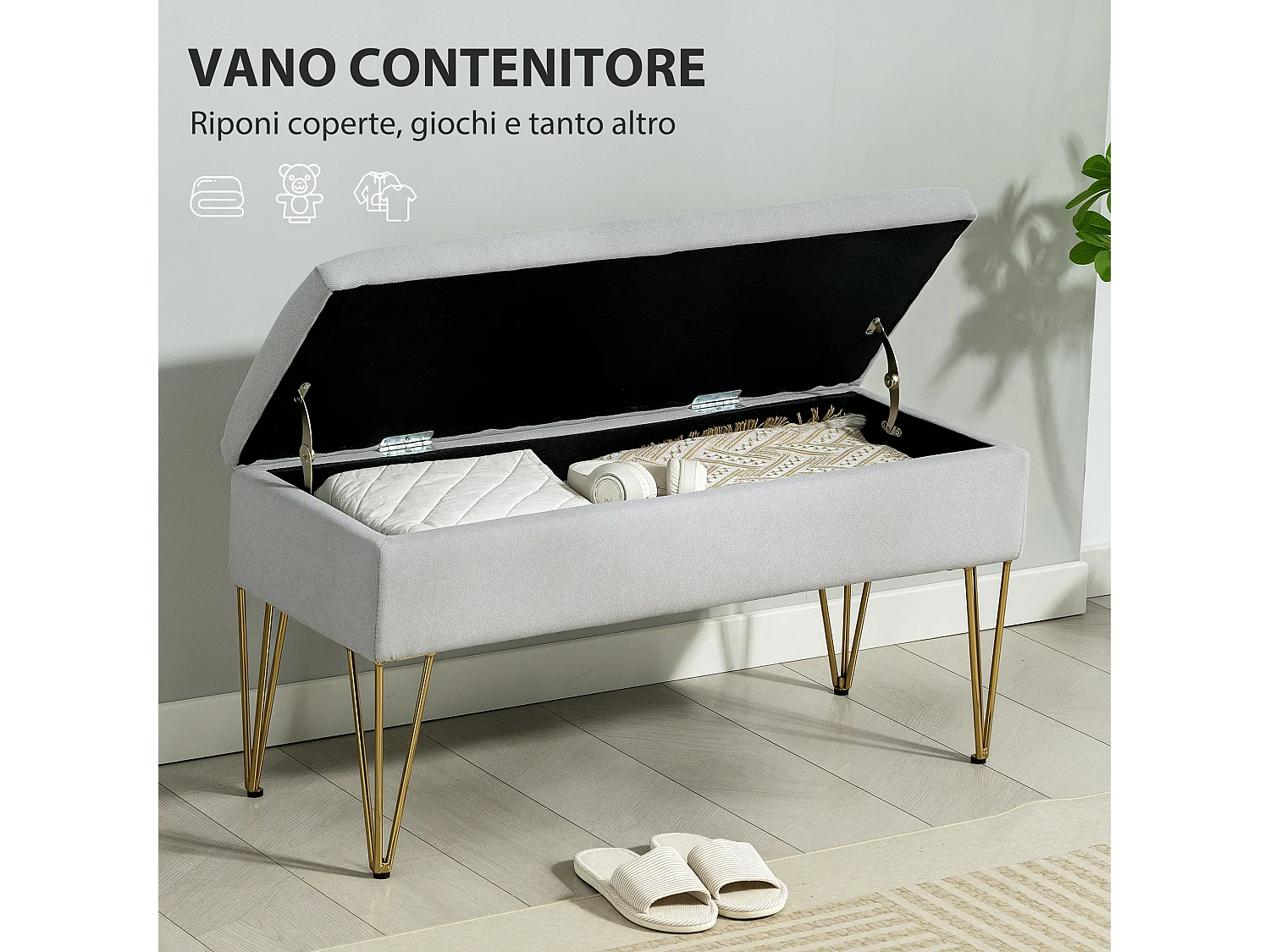 Panca fondo letto con contenitore in tessuto e acciaio grigio chiaro