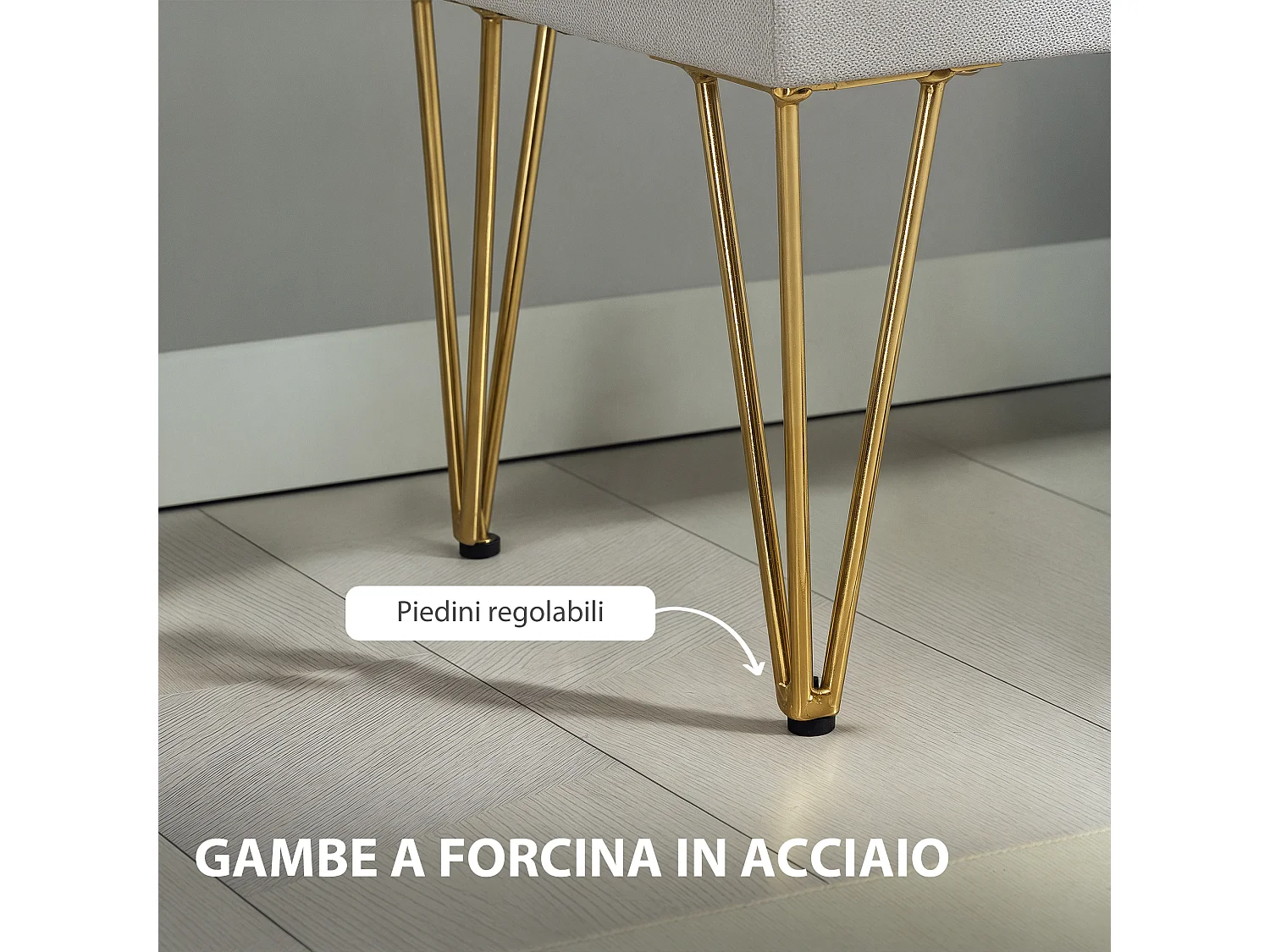 Panca fondo letto con contenitore in tessuto e acciaio grigio chiaro