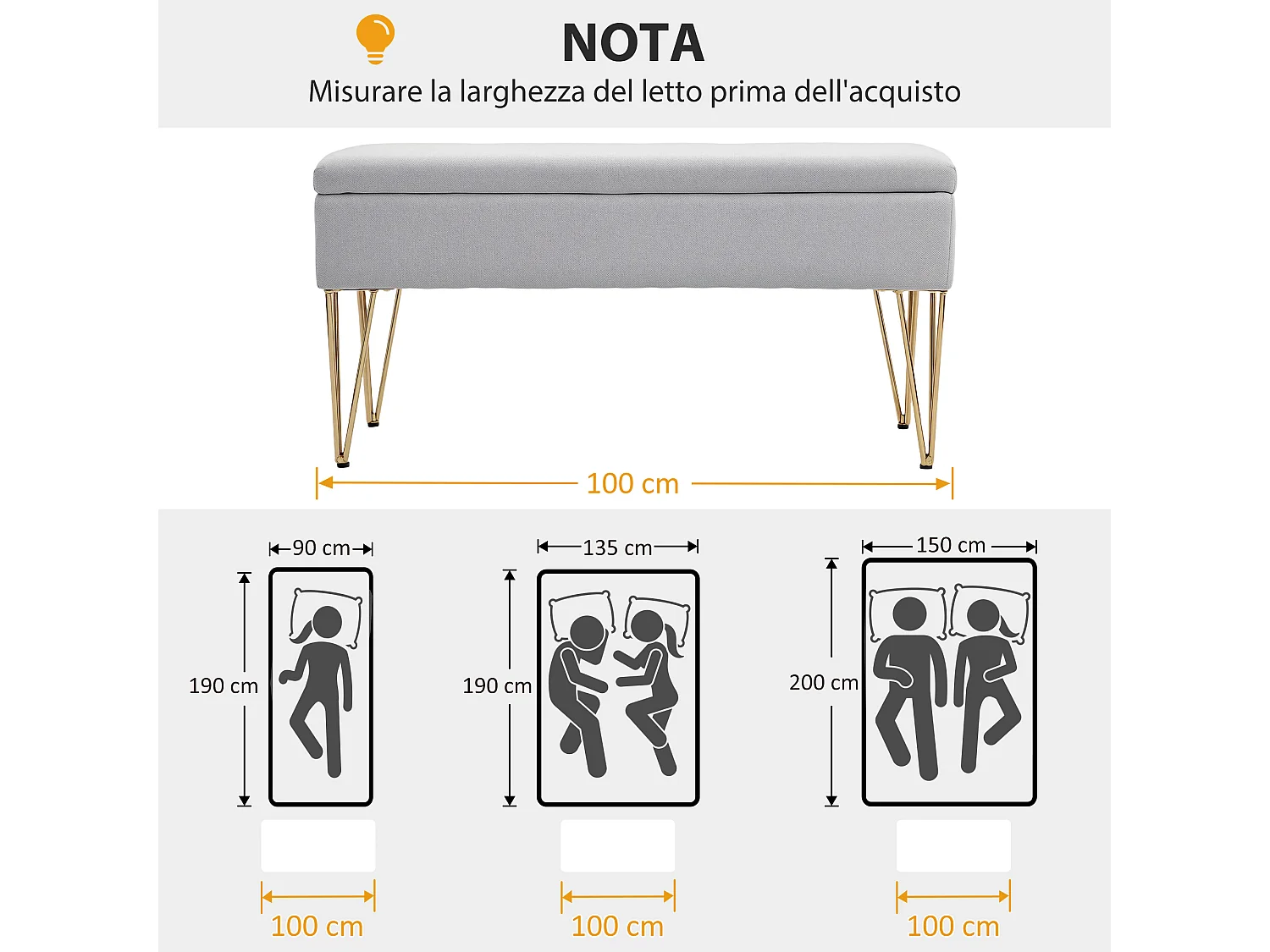 Panca fondo letto con contenitore in tessuto e acciaio grigio chiaro