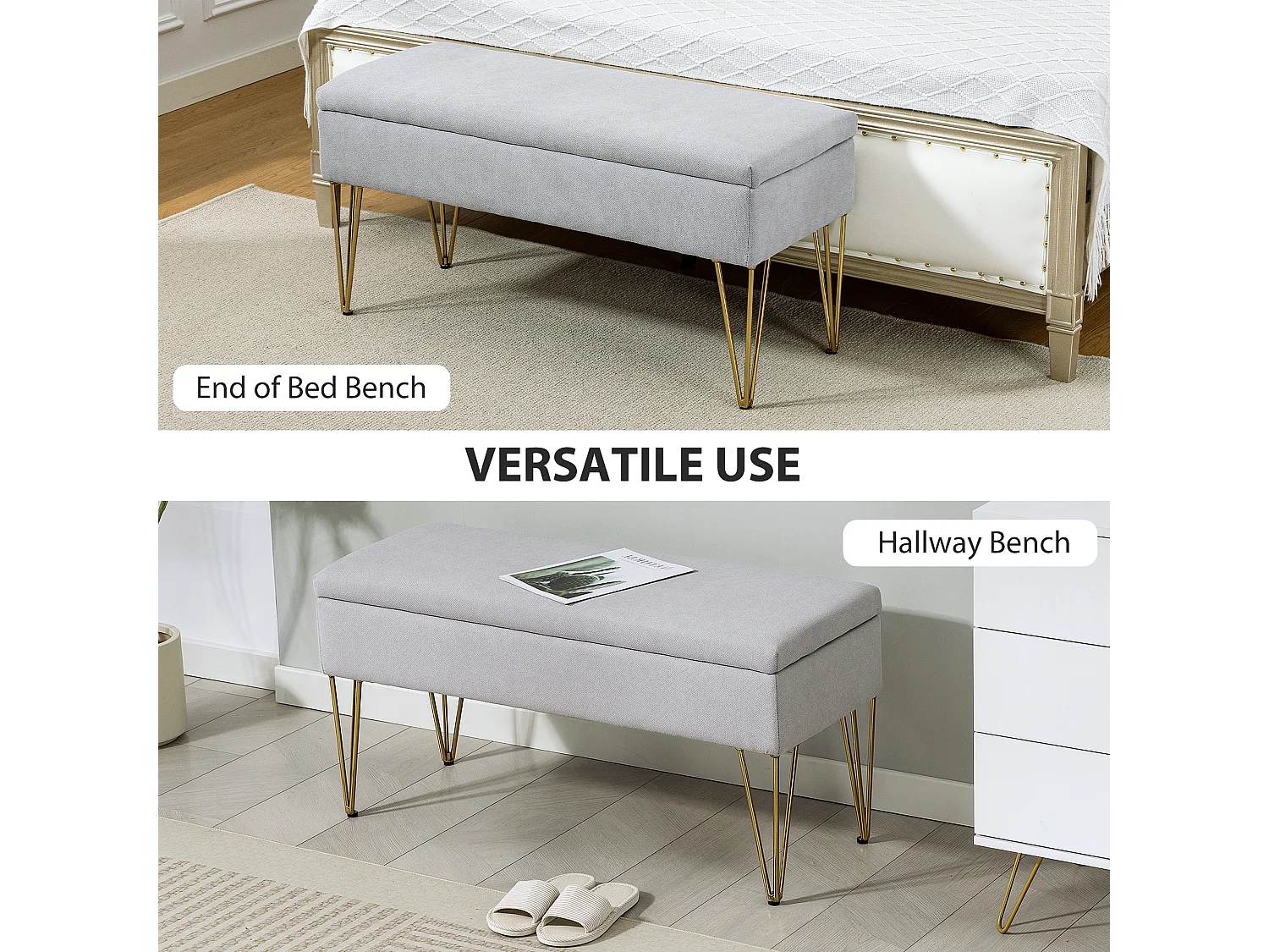 Panca fondo letto con contenitore in tessuto e acciaio grigio chiaro