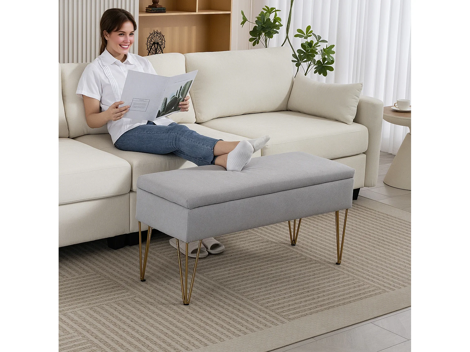 Panca fondo letto con contenitore in tessuto e acciaio grigio chiaro