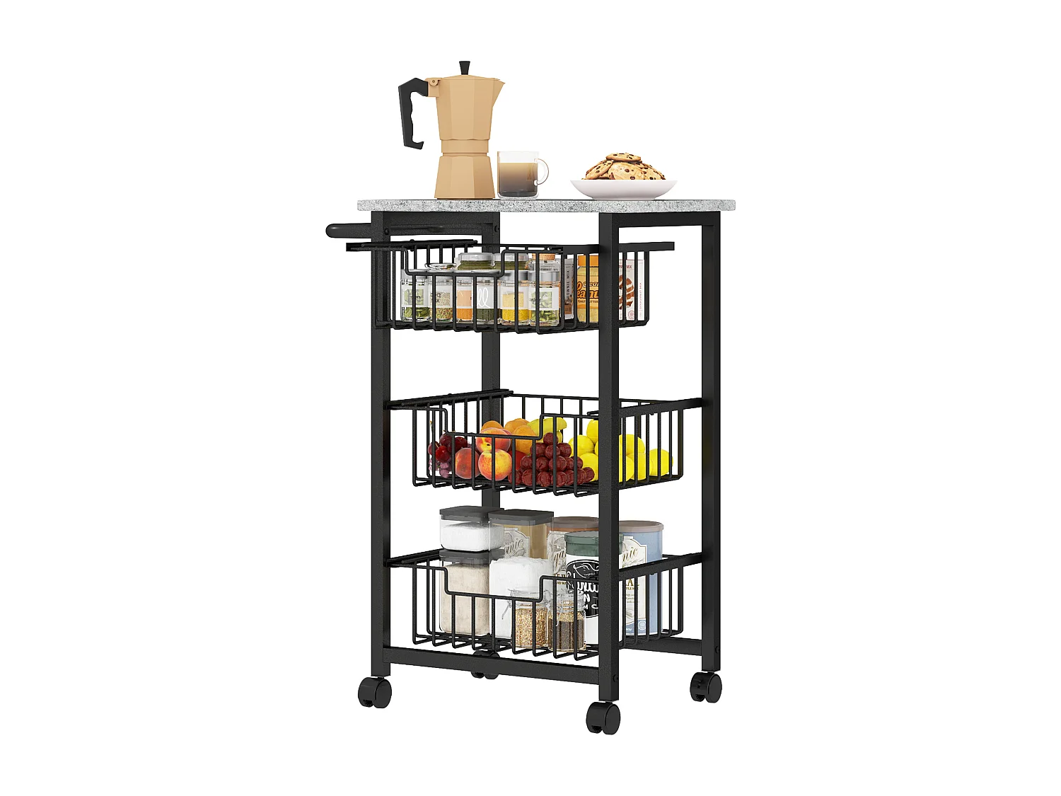 carrello cucina a 4 ripiani, carrellino cucina salvaspazio con cestini estraibili