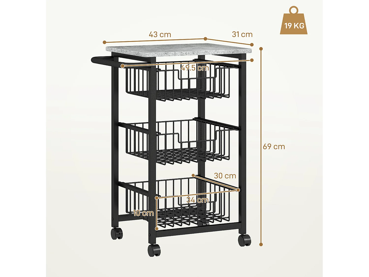 carrello cucina a 4 ripiani, carrellino cucina salvaspazio con cestini estraibili