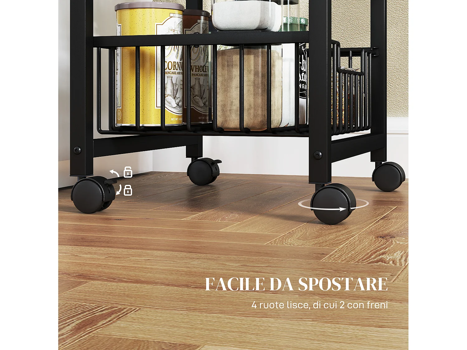 carrello cucina a 4 ripiani, carrellino cucina salvaspazio con cestini estraibili