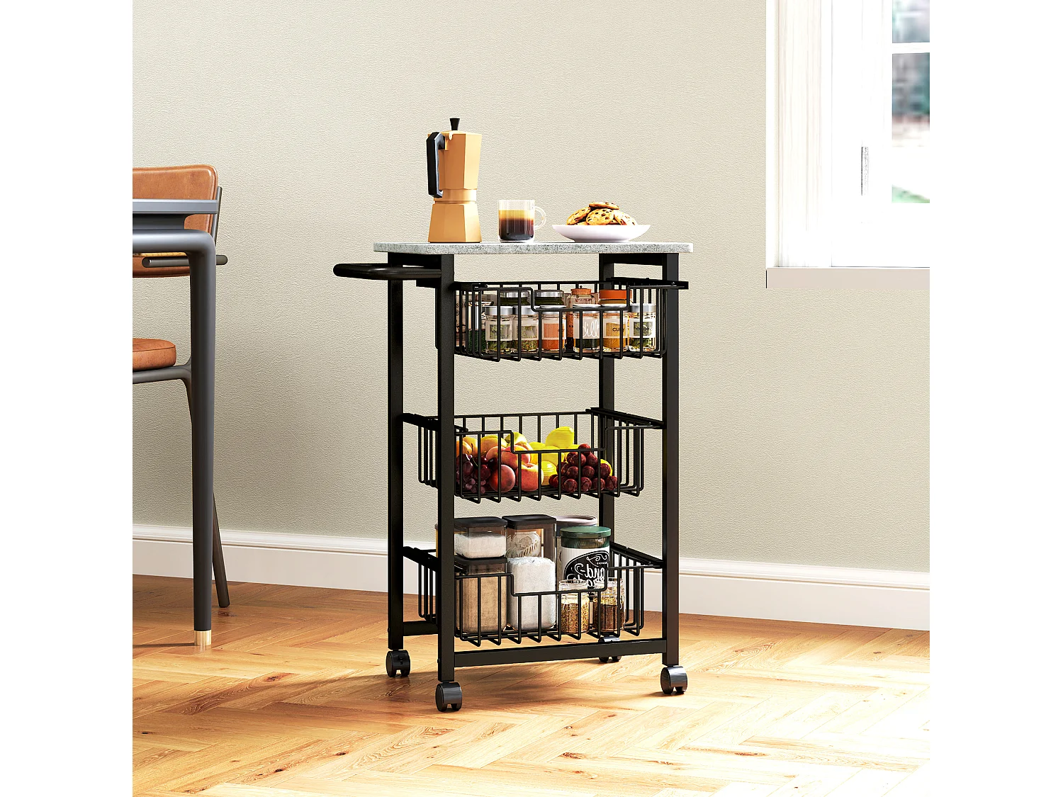 carrello cucina a 4 ripiani, carrellino cucina salvaspazio con cestini estraibili