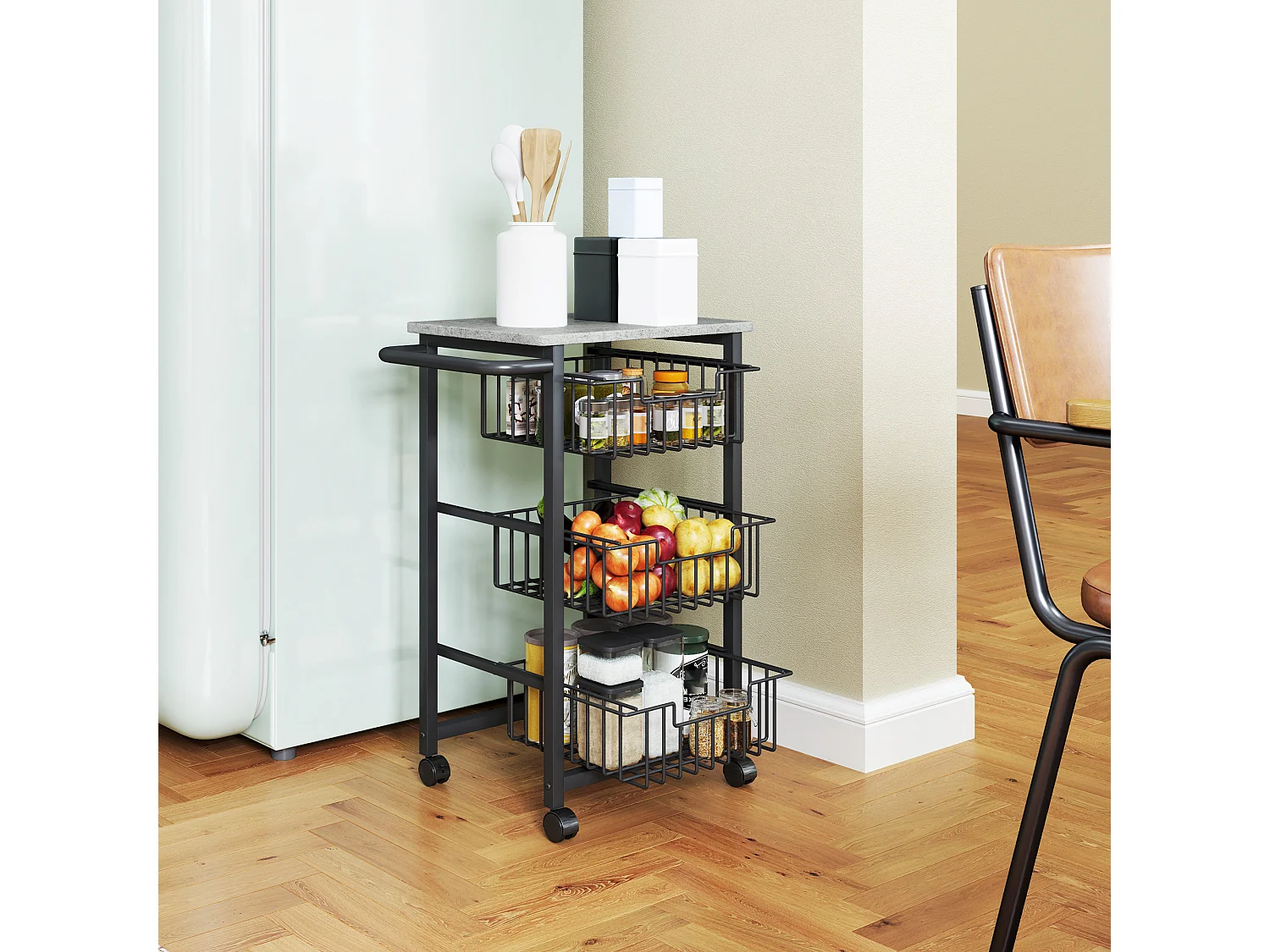 carrello cucina a 4 ripiani, carrellino cucina salvaspazio con cestini estraibili