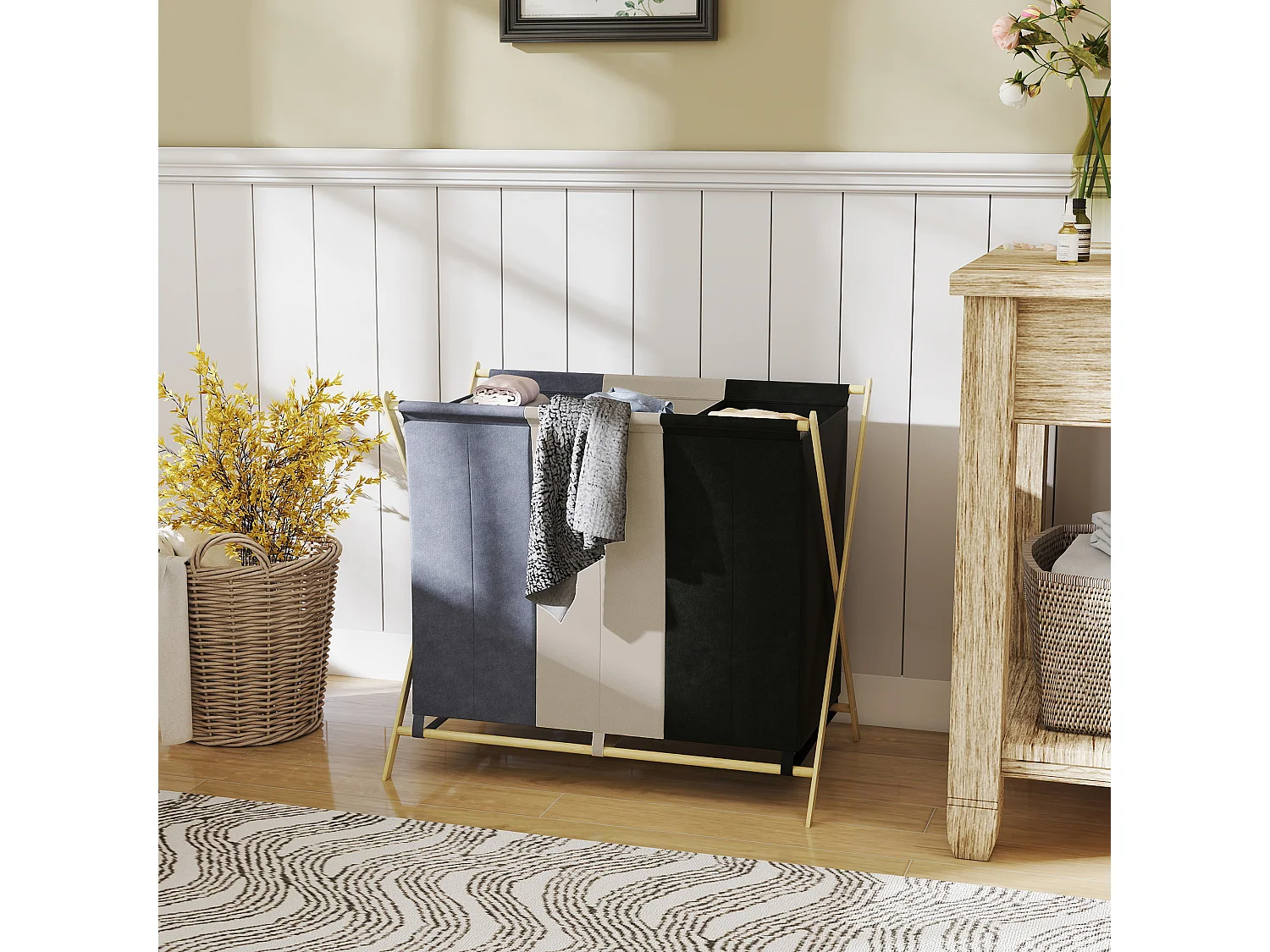 Cesto portabiancheria pieghevole in bambù a 3 scomparti multicolore