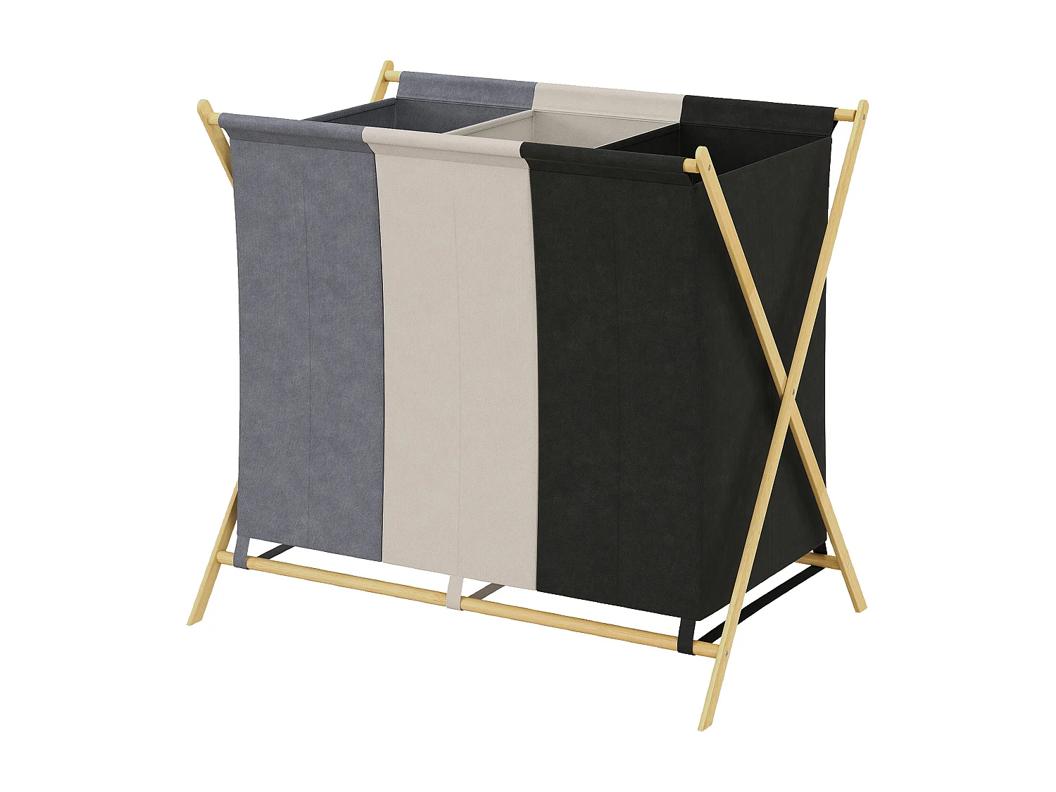 Cesto portabiancheria pieghevole in bambù a 3 scomparti multicolore