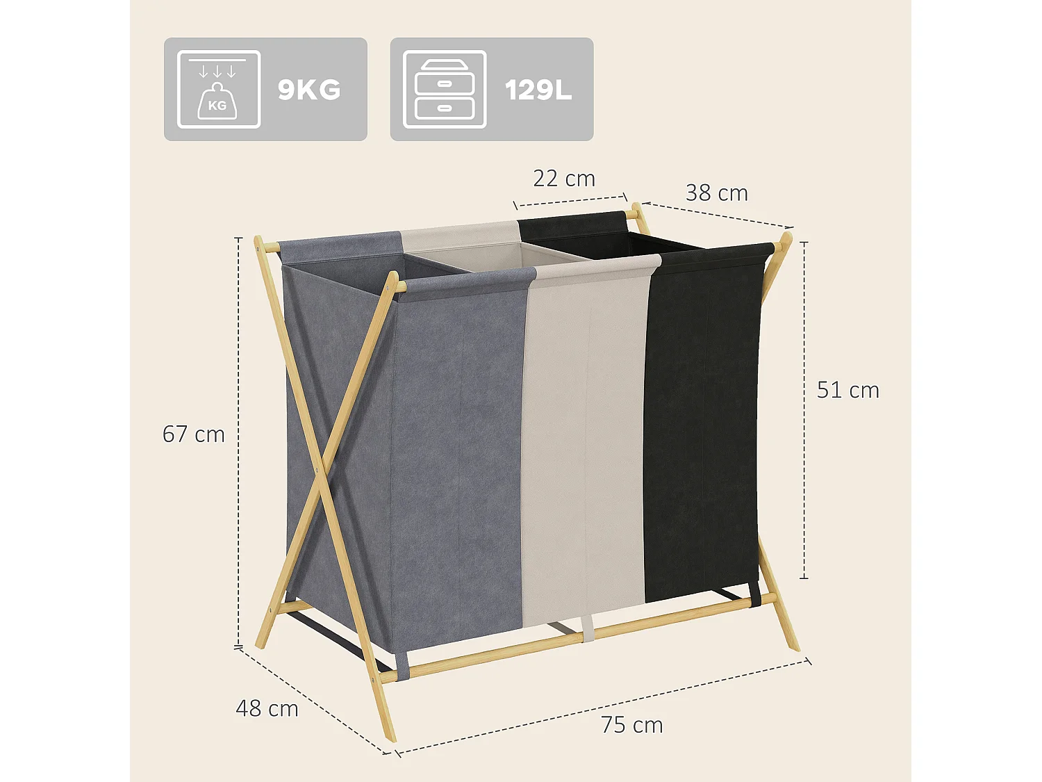Cesto portabiancheria pieghevole in bambù a 3 scomparti multicolore