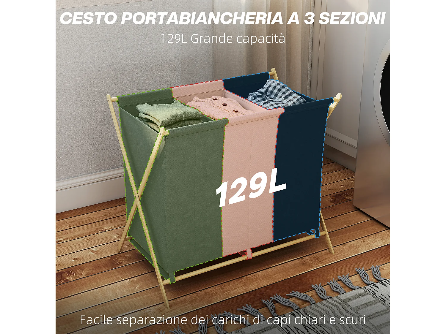 Cesto portabiancheria pieghevole in bambù a 3 scomparti multicolore