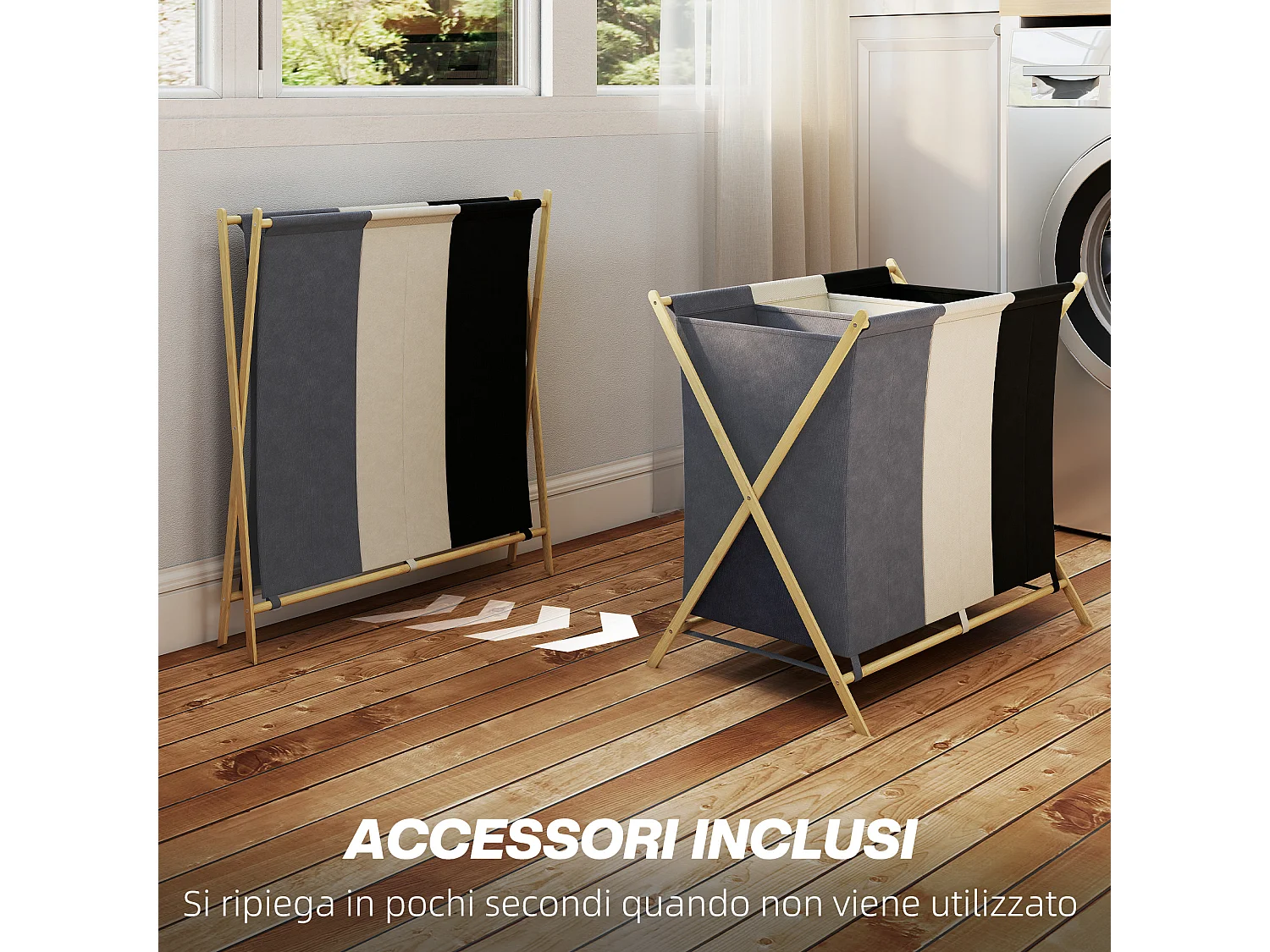 Cesto portabiancheria pieghevole in bambù a 3 scomparti multicolore