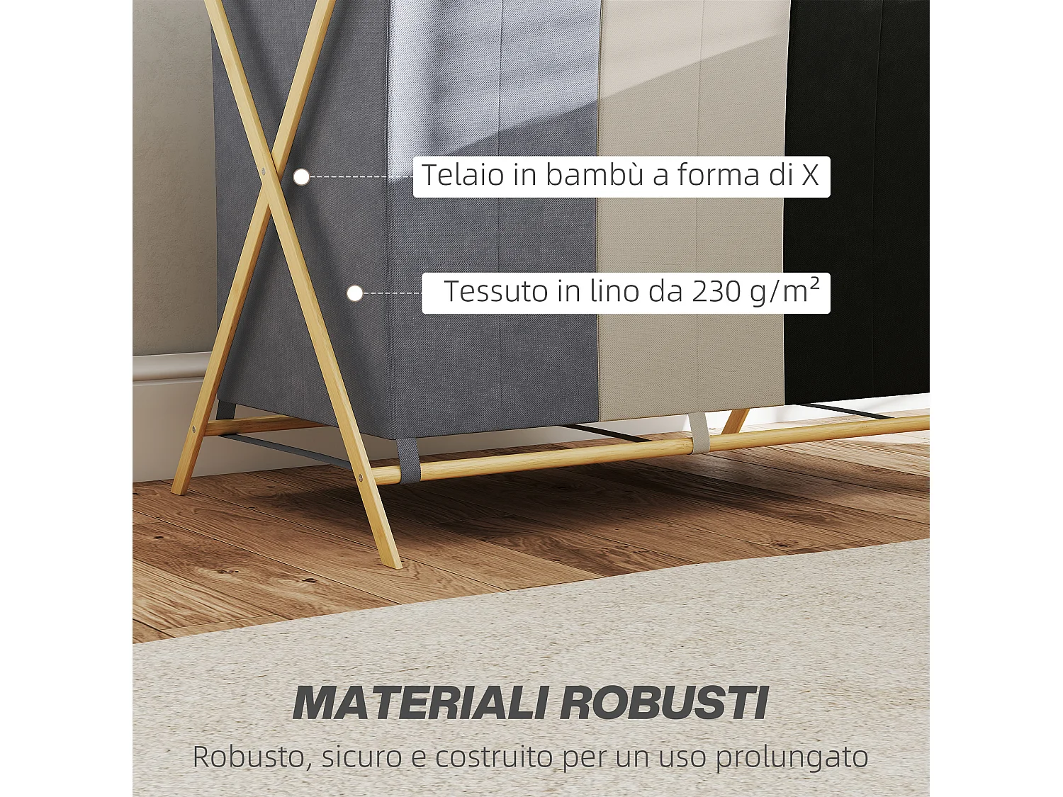 Cesto portabiancheria pieghevole in bambù a 3 scomparti multicolore