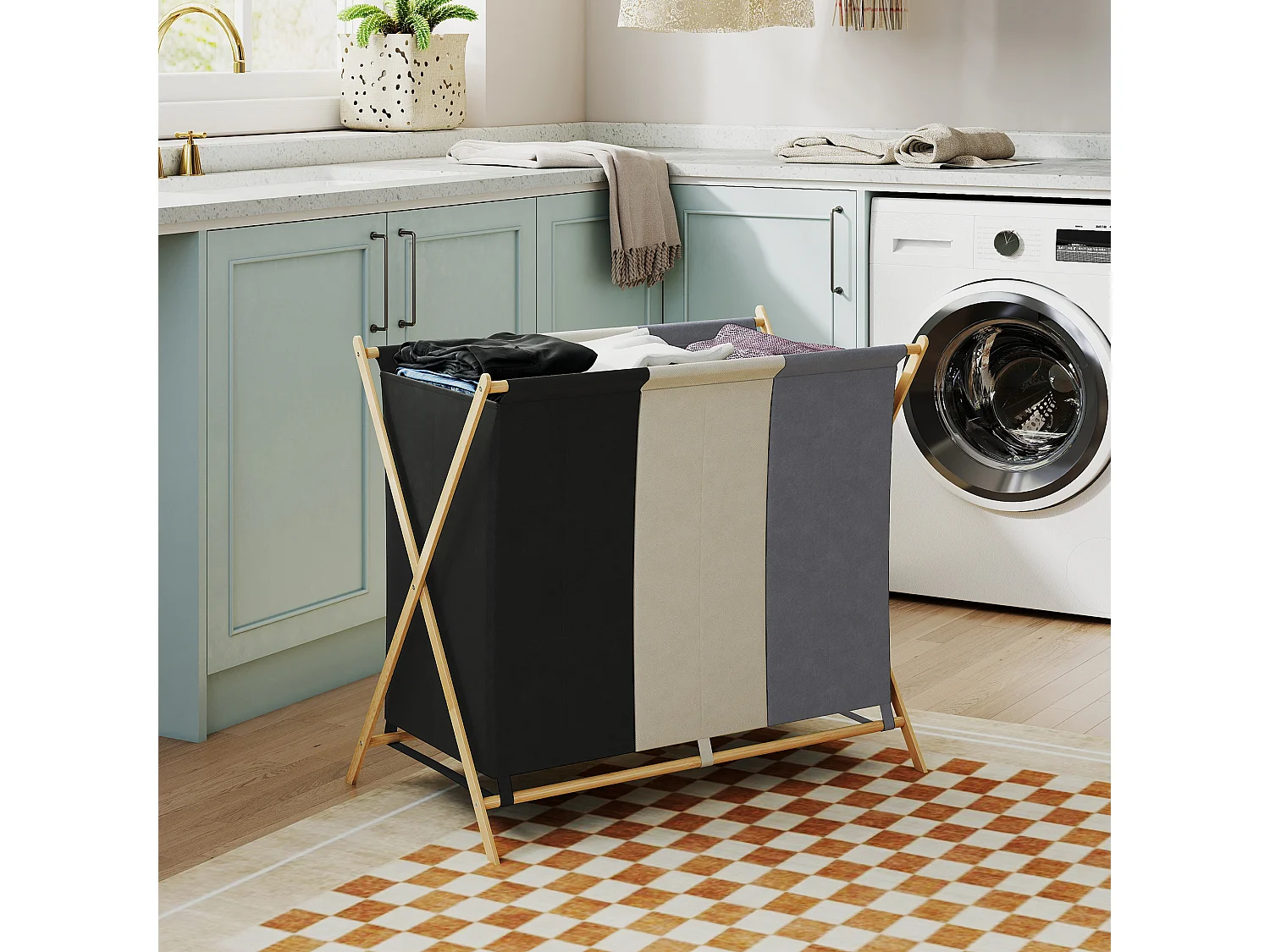 Cesto portabiancheria pieghevole in bambù a 3 scomparti multicolore