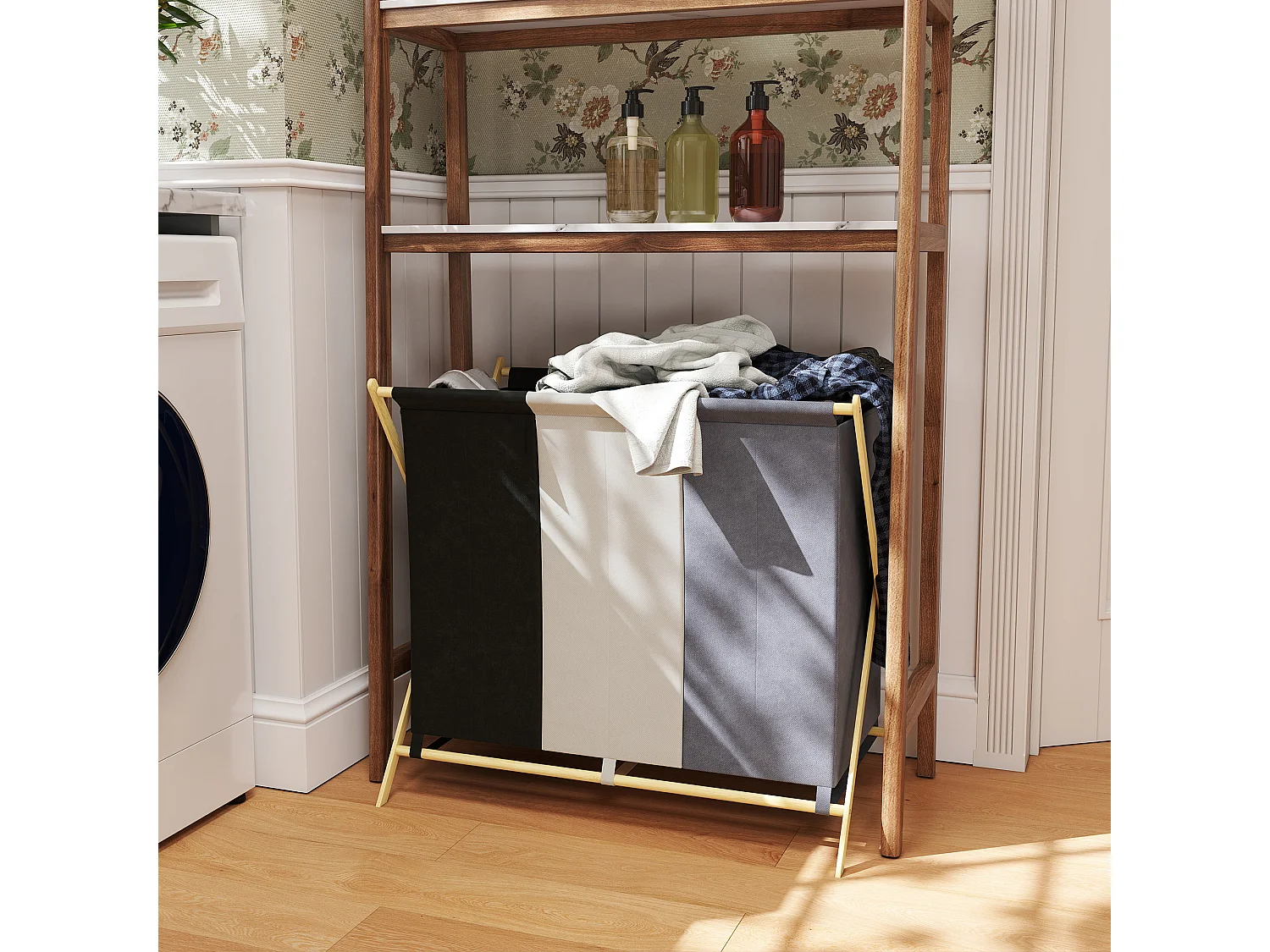 Cesto portabiancheria pieghevole in bambù a 3 scomparti multicolore