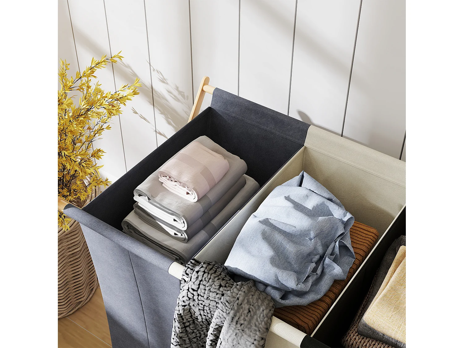 Cesto portabiancheria pieghevole in bambù a 3 scomparti multicolore