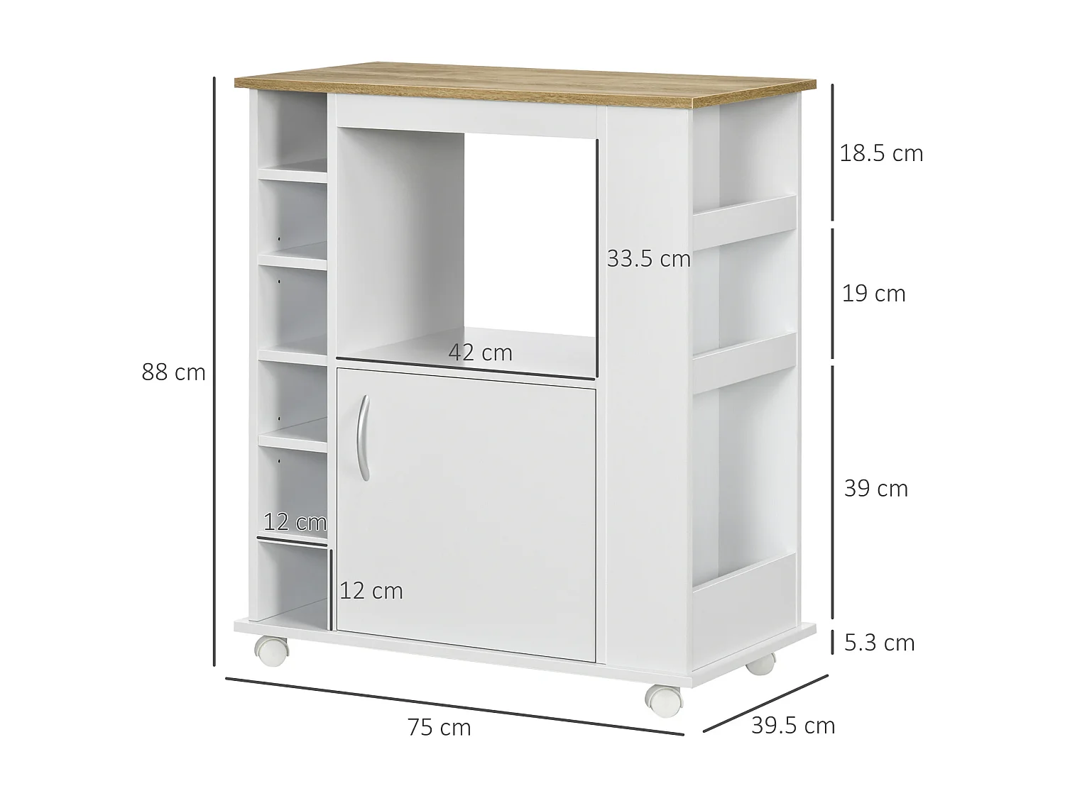Carrello da cucina con armadietto e ripiani regolabili bianco