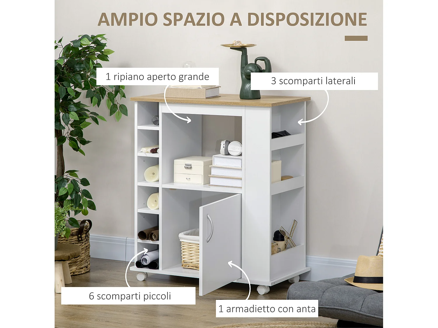 Carrello da cucina con armadietto e ripiani regolabili bianco