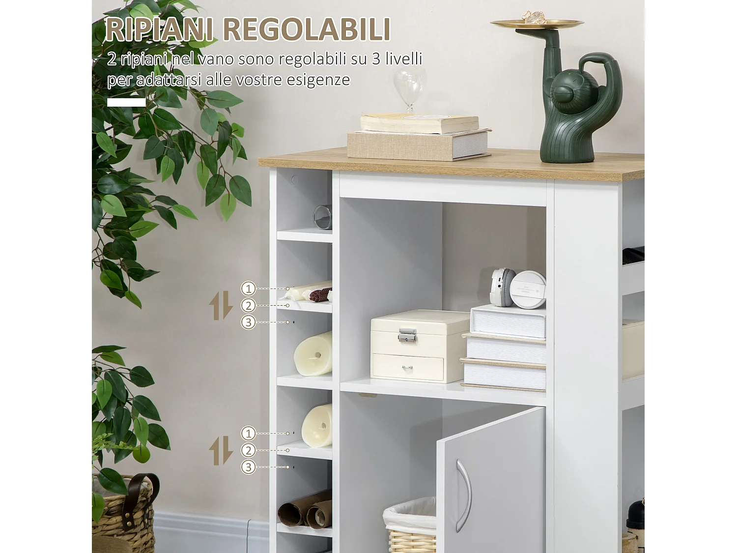 Carrello da cucina con armadietto e ripiani regolabili bianco