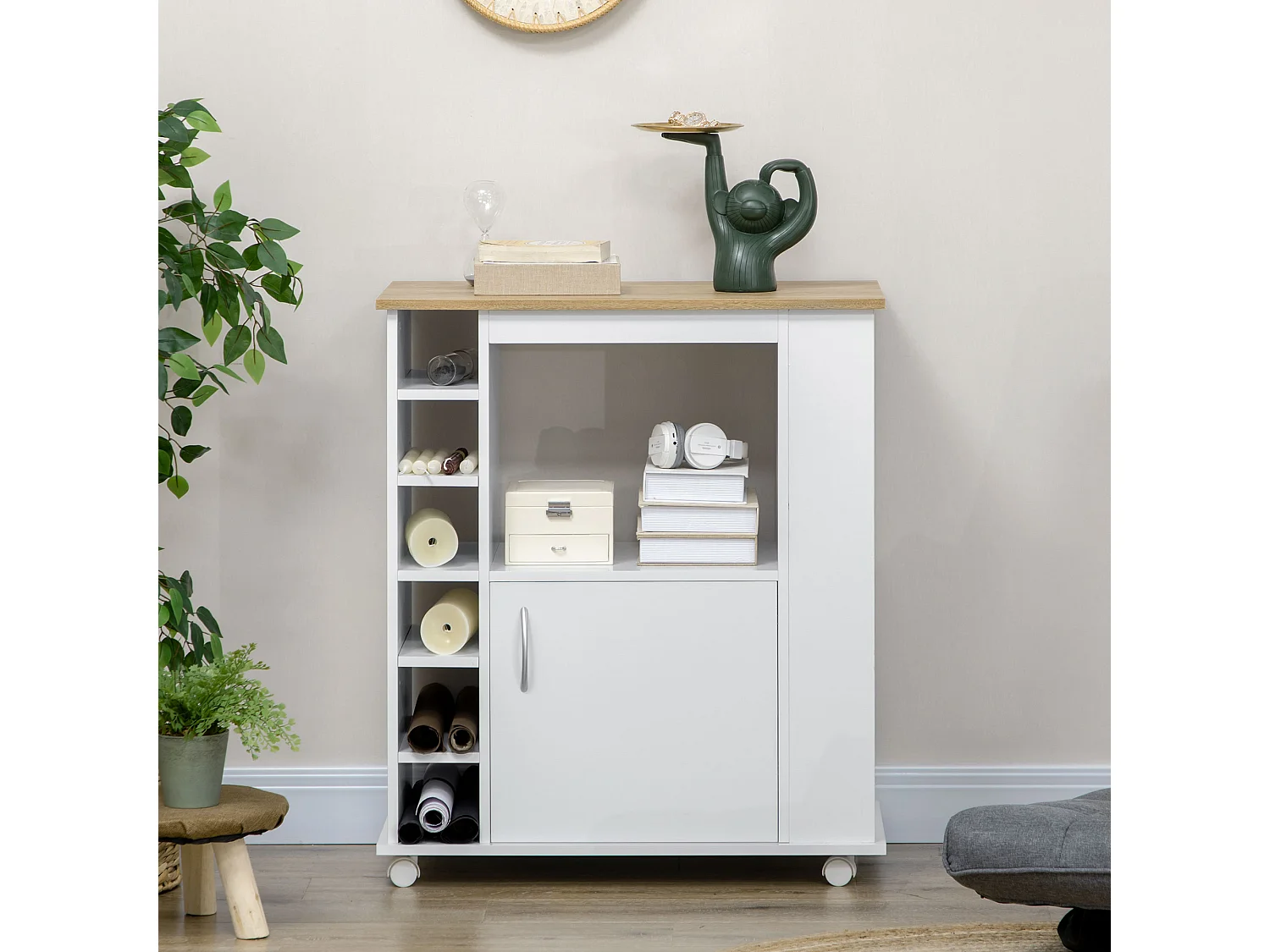 Carrello da cucina con armadietto e ripiani regolabili bianco