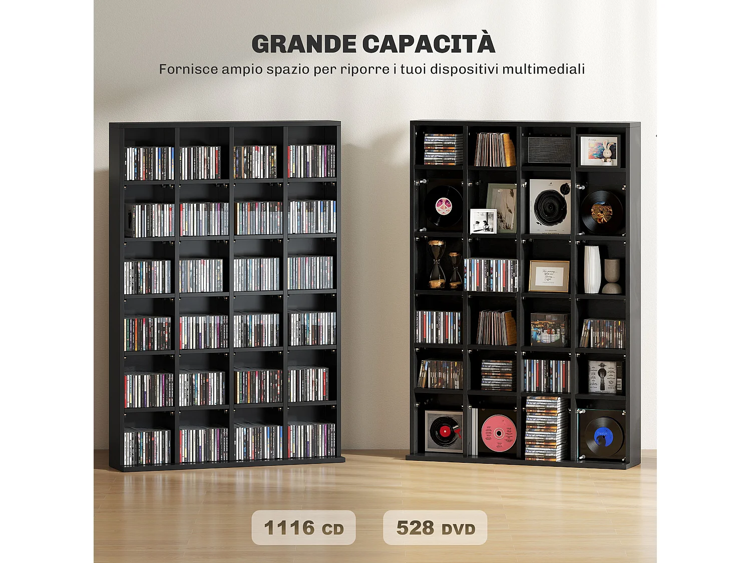 Mobile porta cd con ripiani regolabili scaffale porta 456cd/336dvd salvaspazio in legno