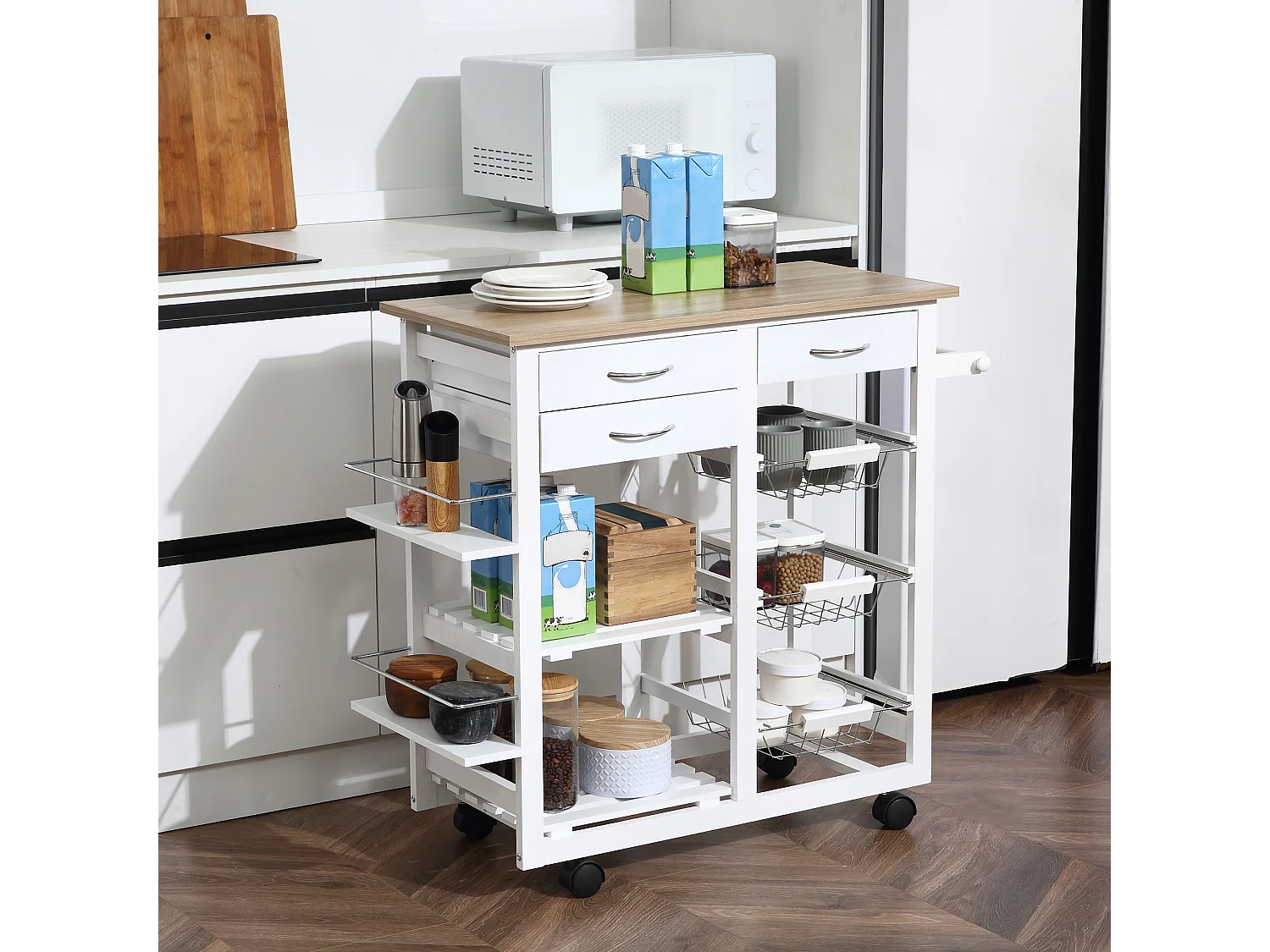 Carrello con ruote da cucina salvaspazio in legno massiccio bianco