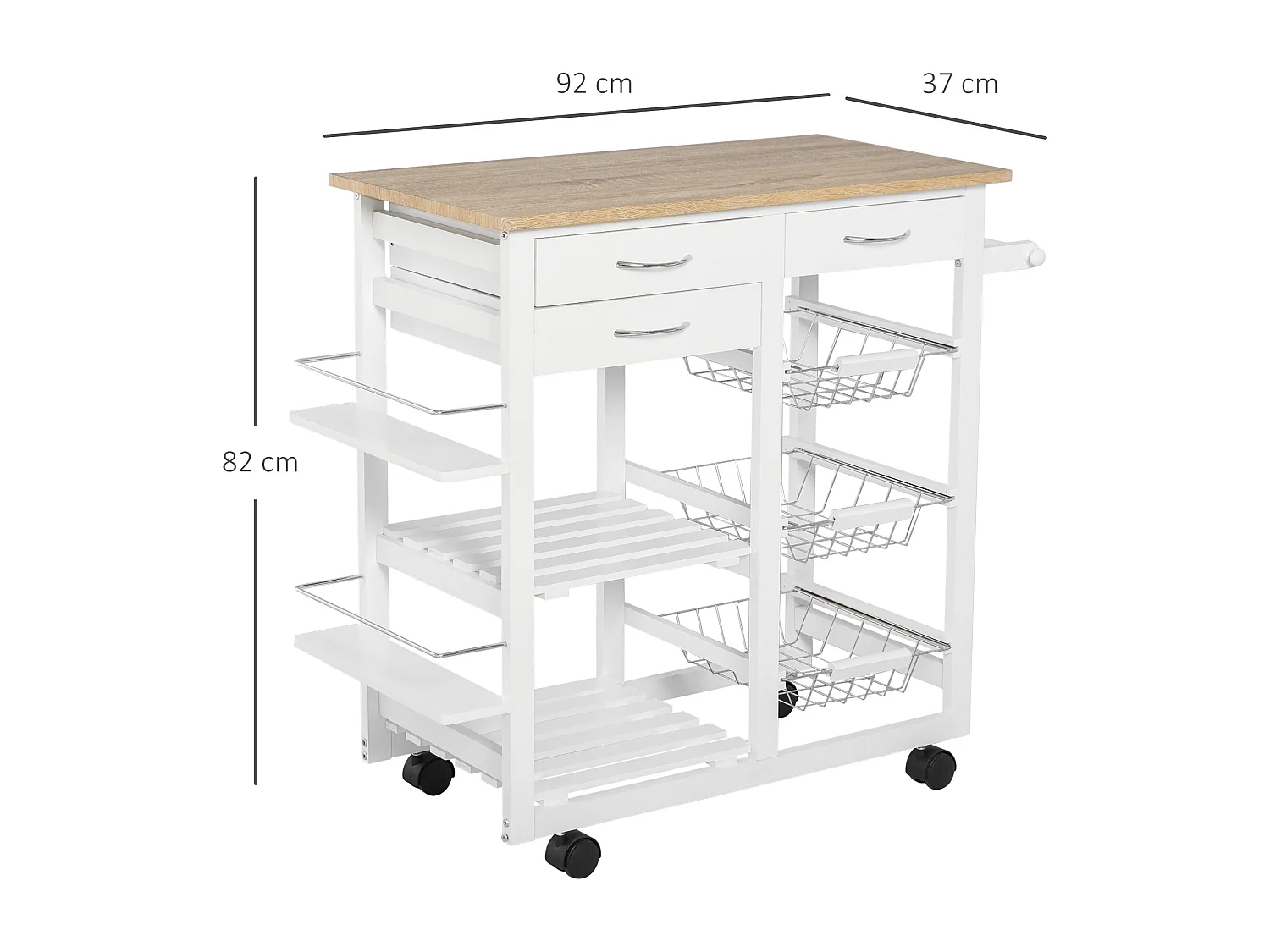 Carrello con ruote da cucina salvaspazio in legno massiccio bianco