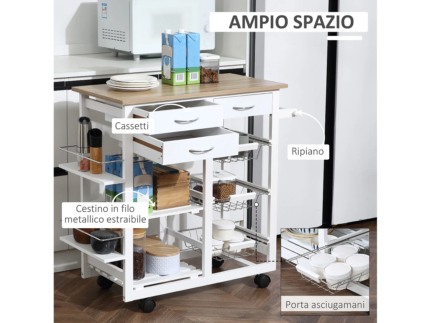 Carrello con ruote da cucina salvaspazio in legno massiccio bianco
