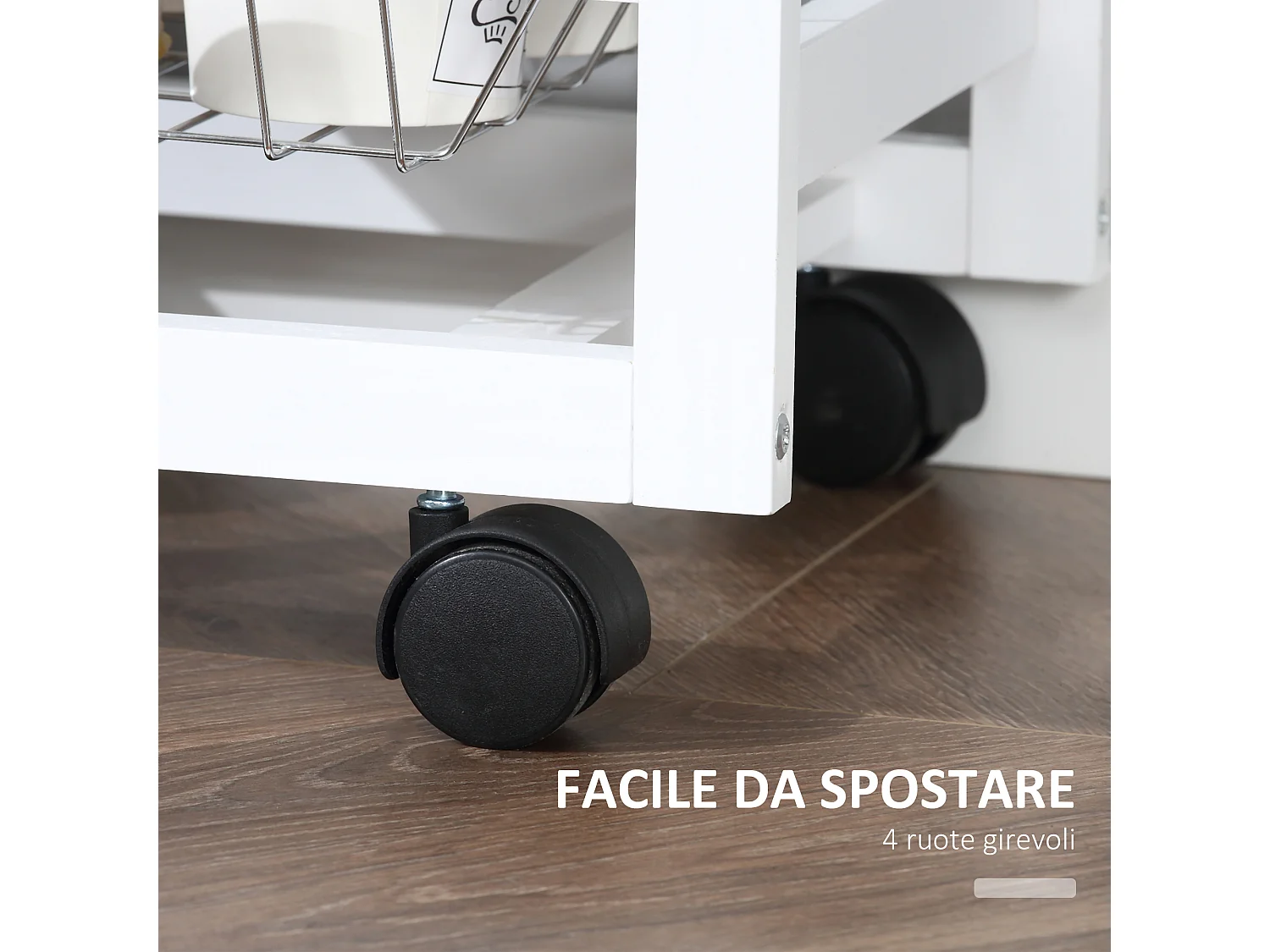 Carrello con ruote da cucina salvaspazio in legno massiccio bianco