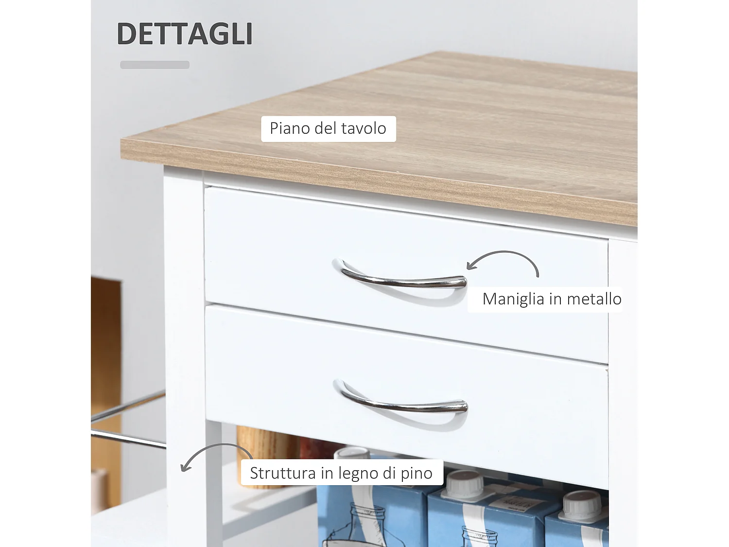 Carrello con ruote da cucina salvaspazio in legno massiccio bianco